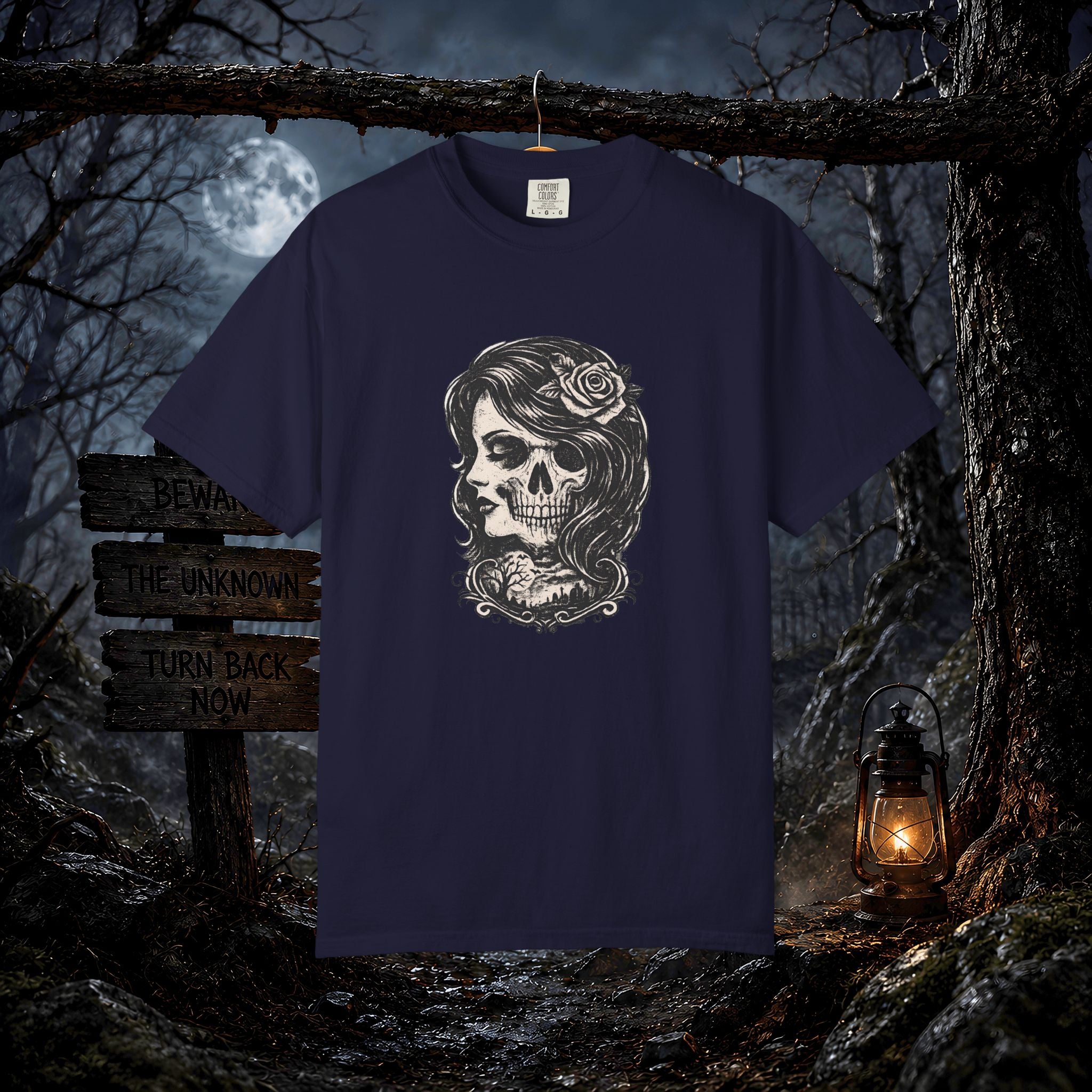 Skull Lady Rose T-Shirt — Vintage Day of the Dead Portrait Tee