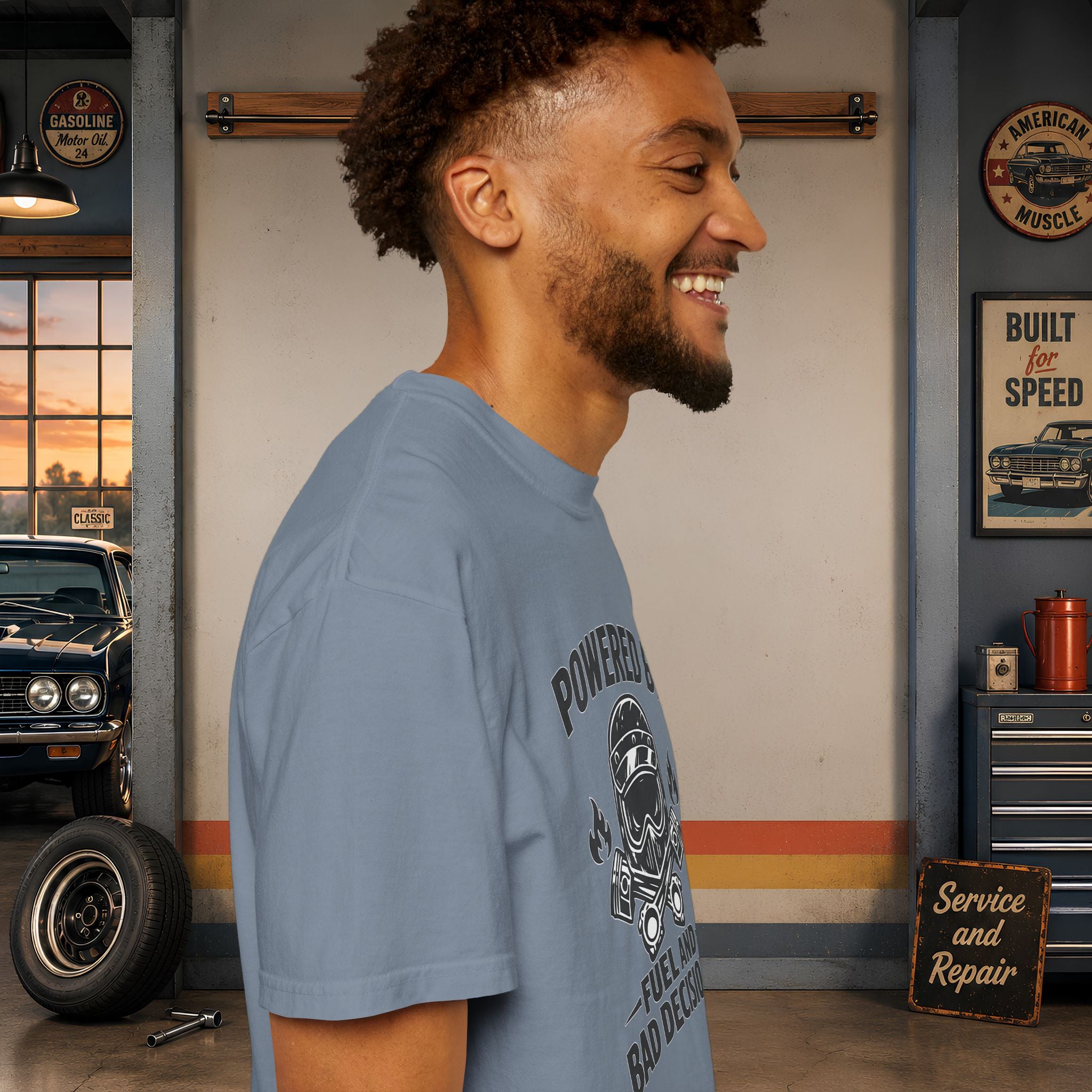 Powered By Fuel And Bad Decisions T-Shirt — Motorcycle Helmet Graphic Tee