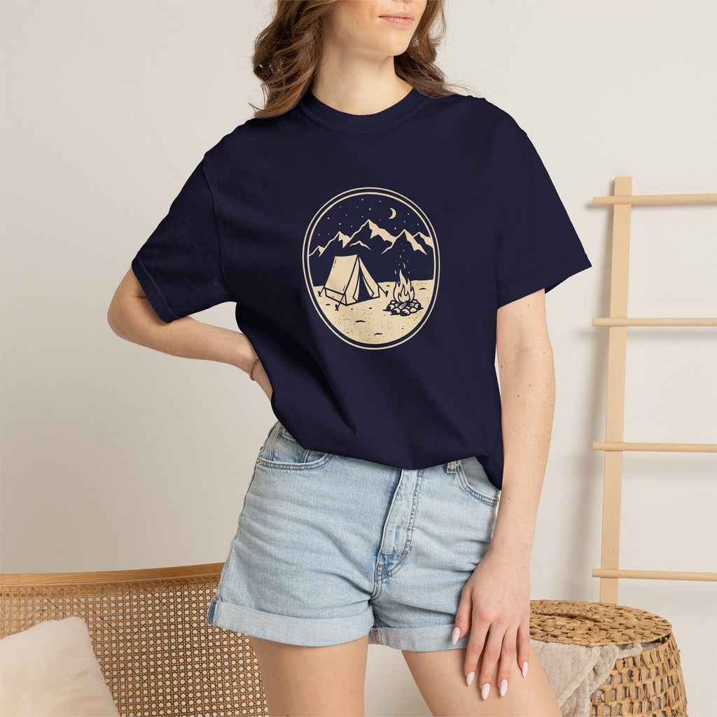 Mountain Camping Circle Art T-shirt | Tent Campfire Outdoors Tee