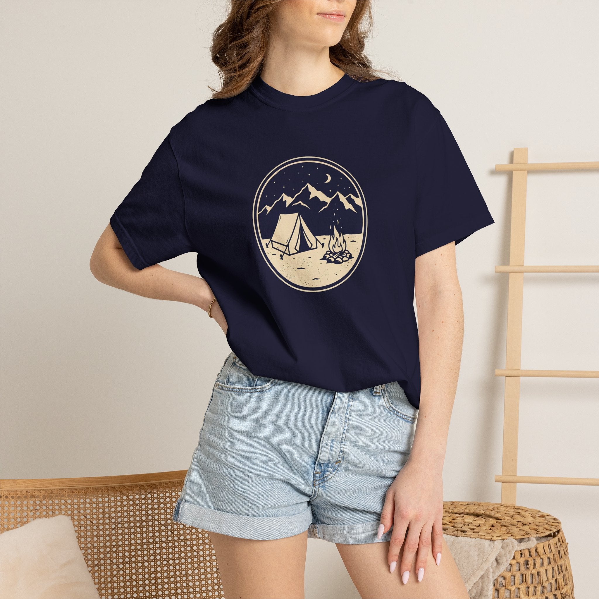 Mountain Camping Circle Art T-shirt | Tent Campfire Outdoors Tee
