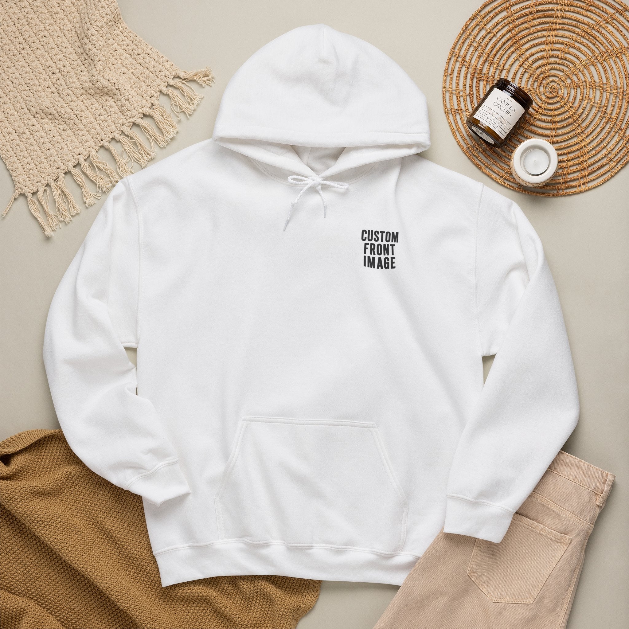Custom Front Small Left Image Hoodie — Personalized White Pullover Hooded Sweatshirt