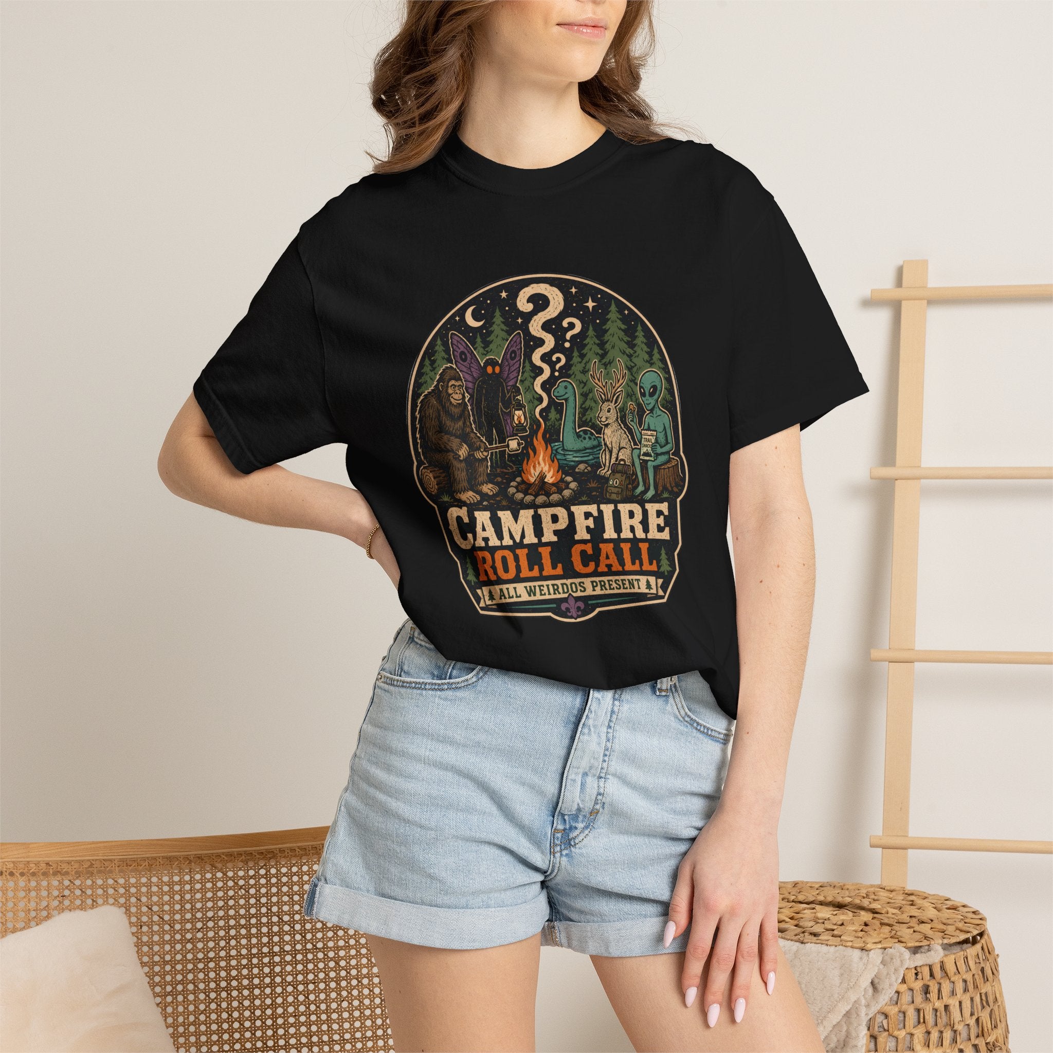 Campfire Cryptid Roll Call T-Shirt — Vintage Camping Patch Graphic