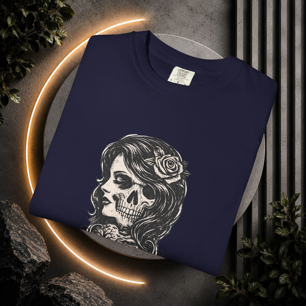 Skull Lady Rose T-Shirt — Vintage Day of the Dead Portrait Tee