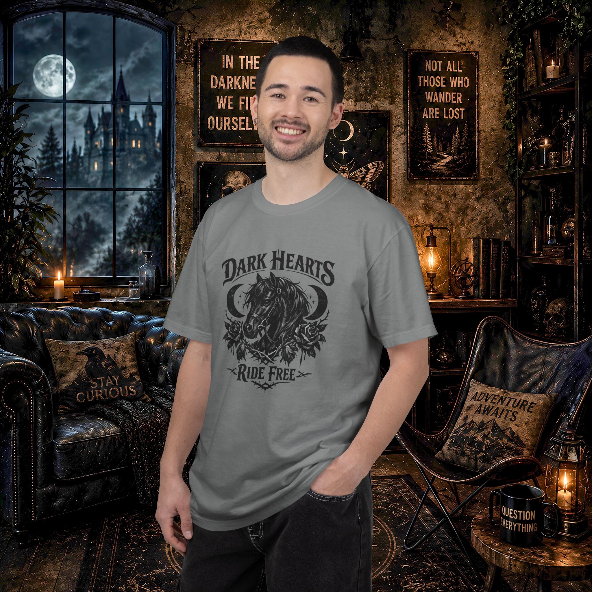 Dark Hearts Ride Free T-Shirt — Gothic Horse Rider Graphic Tee