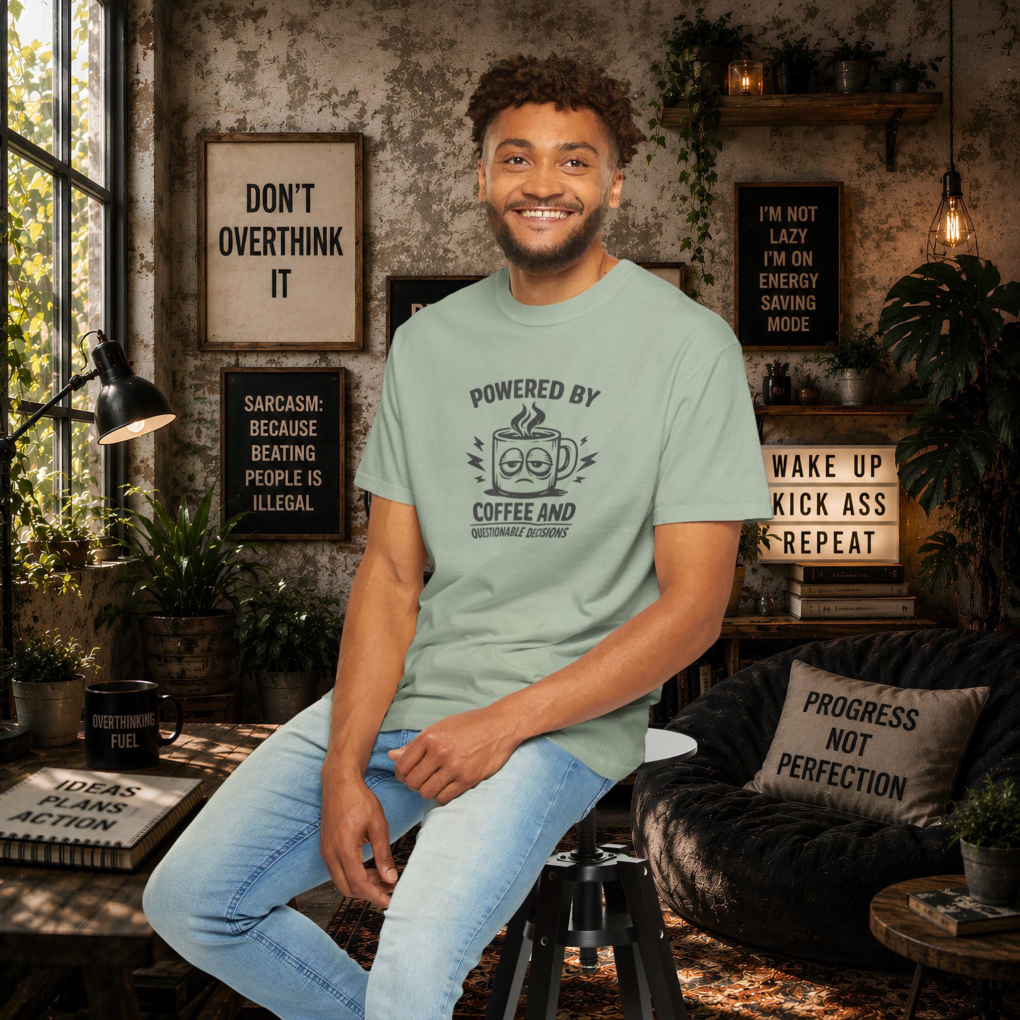 Coffee & Questionable Decisions T-Shirt – Powered by Coffee Graphic Tee