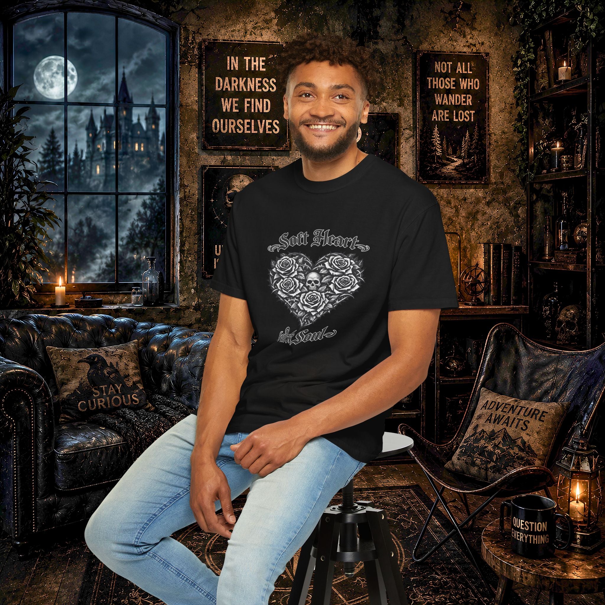 Soft Heart Dark Soul T-Shirt — Gothic Rose Skull Graphic Tee