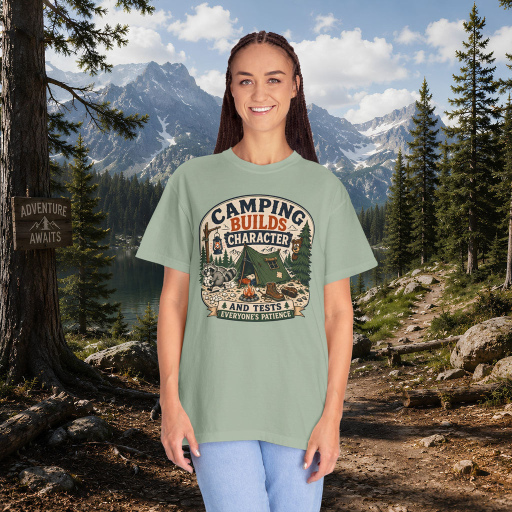 Camping Builds Character T-Shirt — Vintage Tent, Forest & Campfire Outdoor Tee