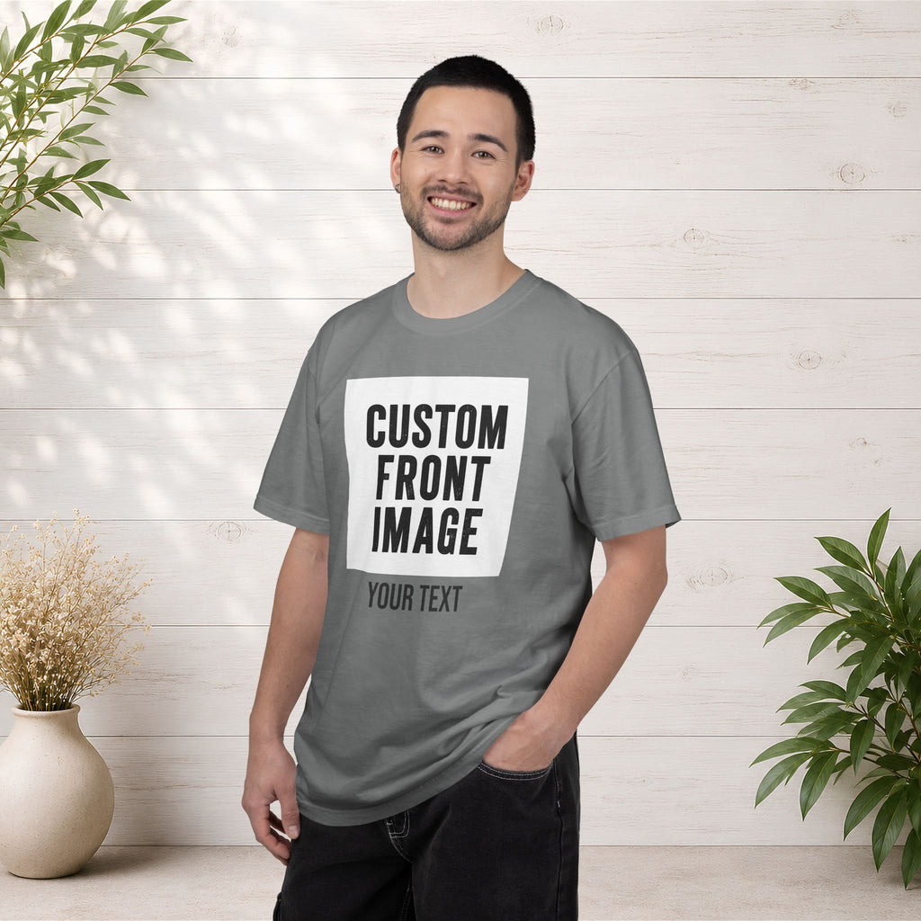 Custom Front Square Print T-Shirt — Personalized Text Bottom & Image Tee