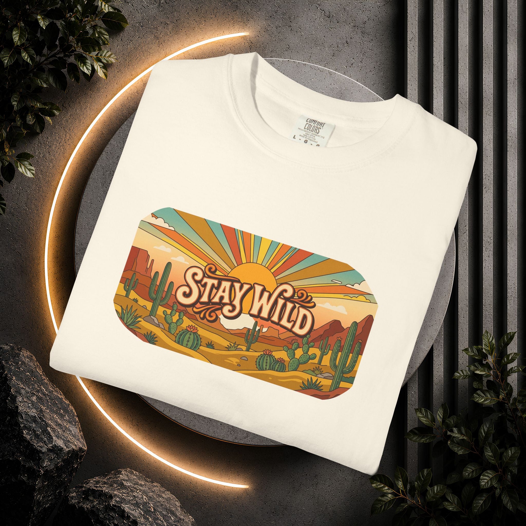 Stay Wild Desert Sunset T-shirt | Retro Cactus Landscape