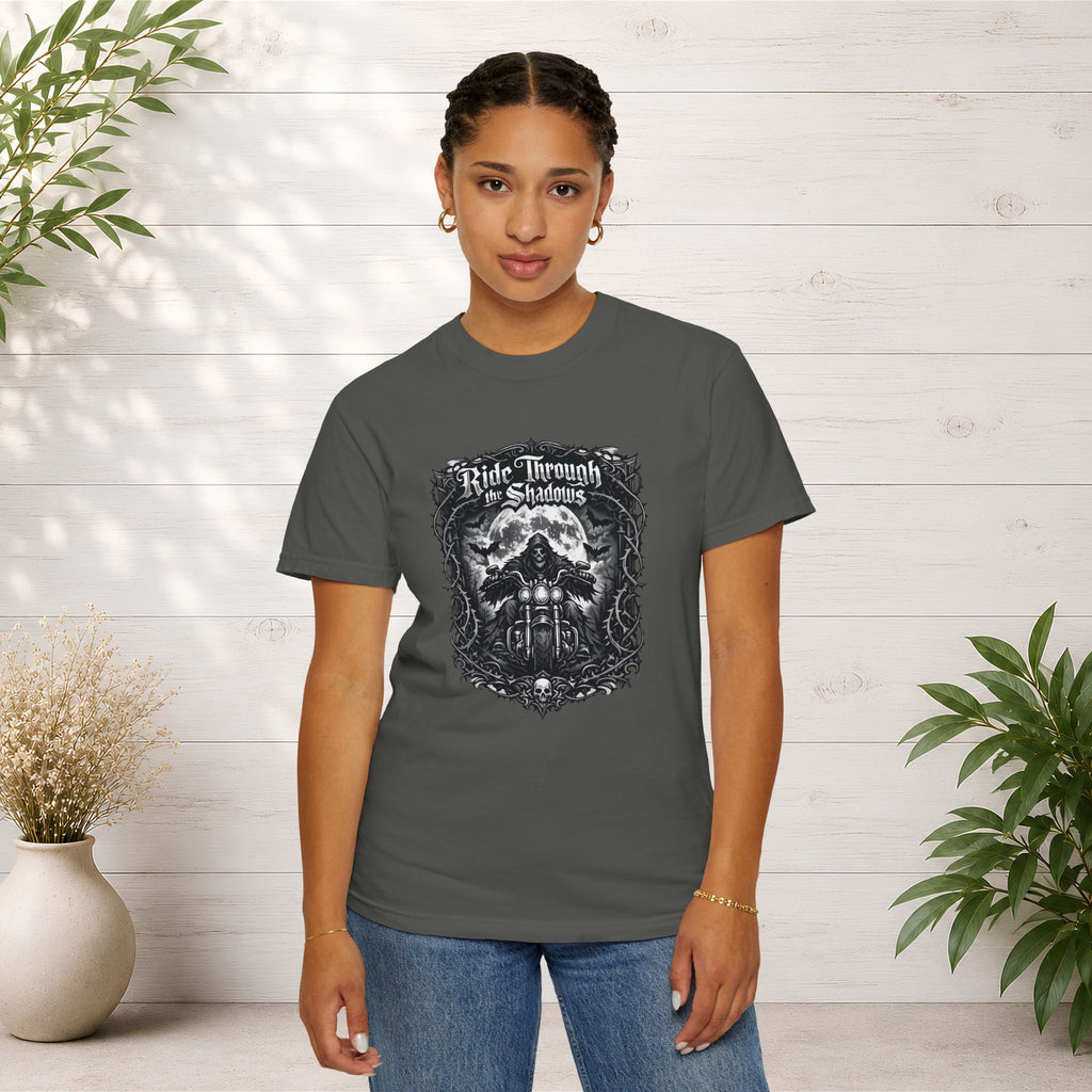 Ride Through Shadows T-Shirt — Gothic Skull Motorcycle Graphic Tee