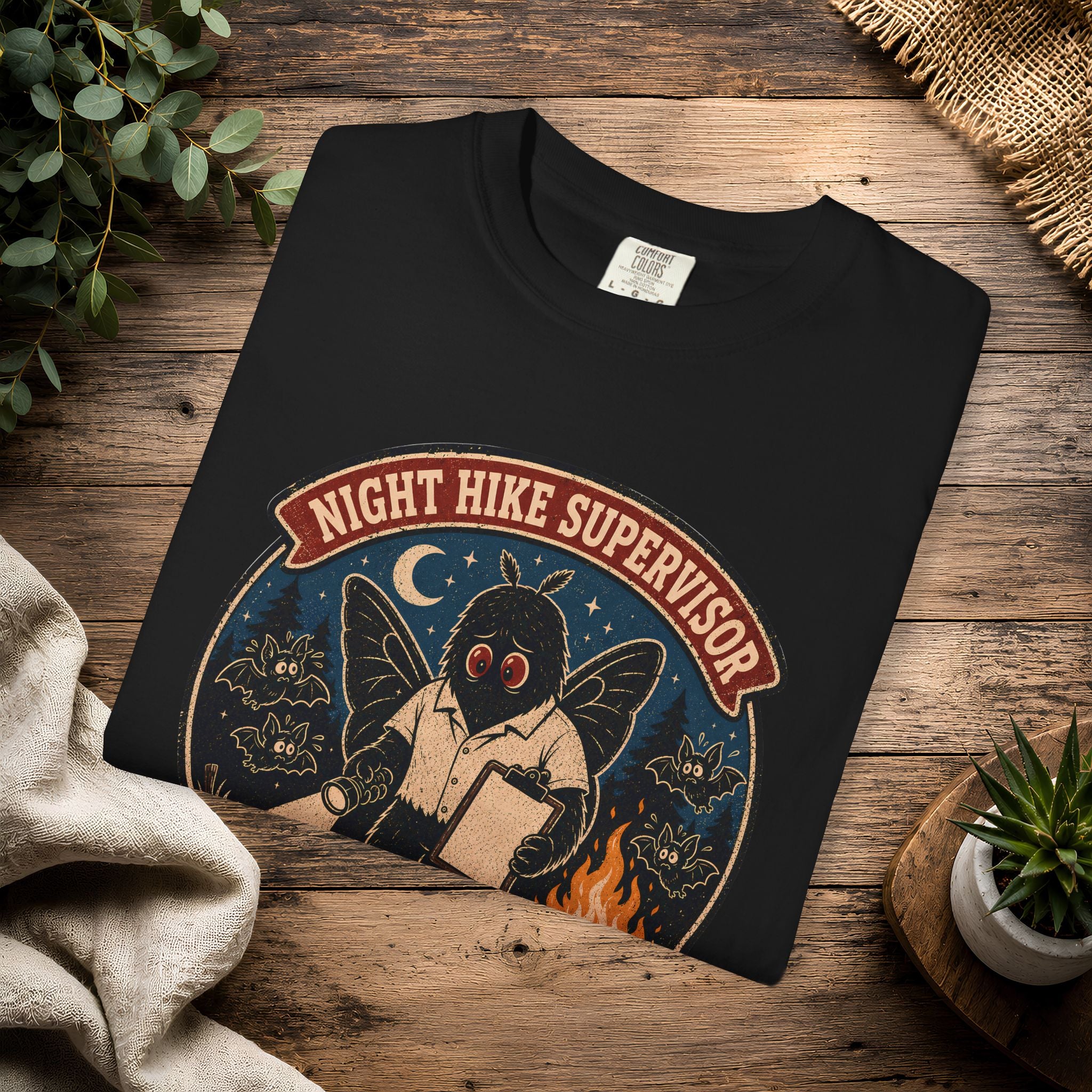 Night Hike Supervisor Mothman T‑Shirt — Camp Cryptid Retro Outdoor Badge