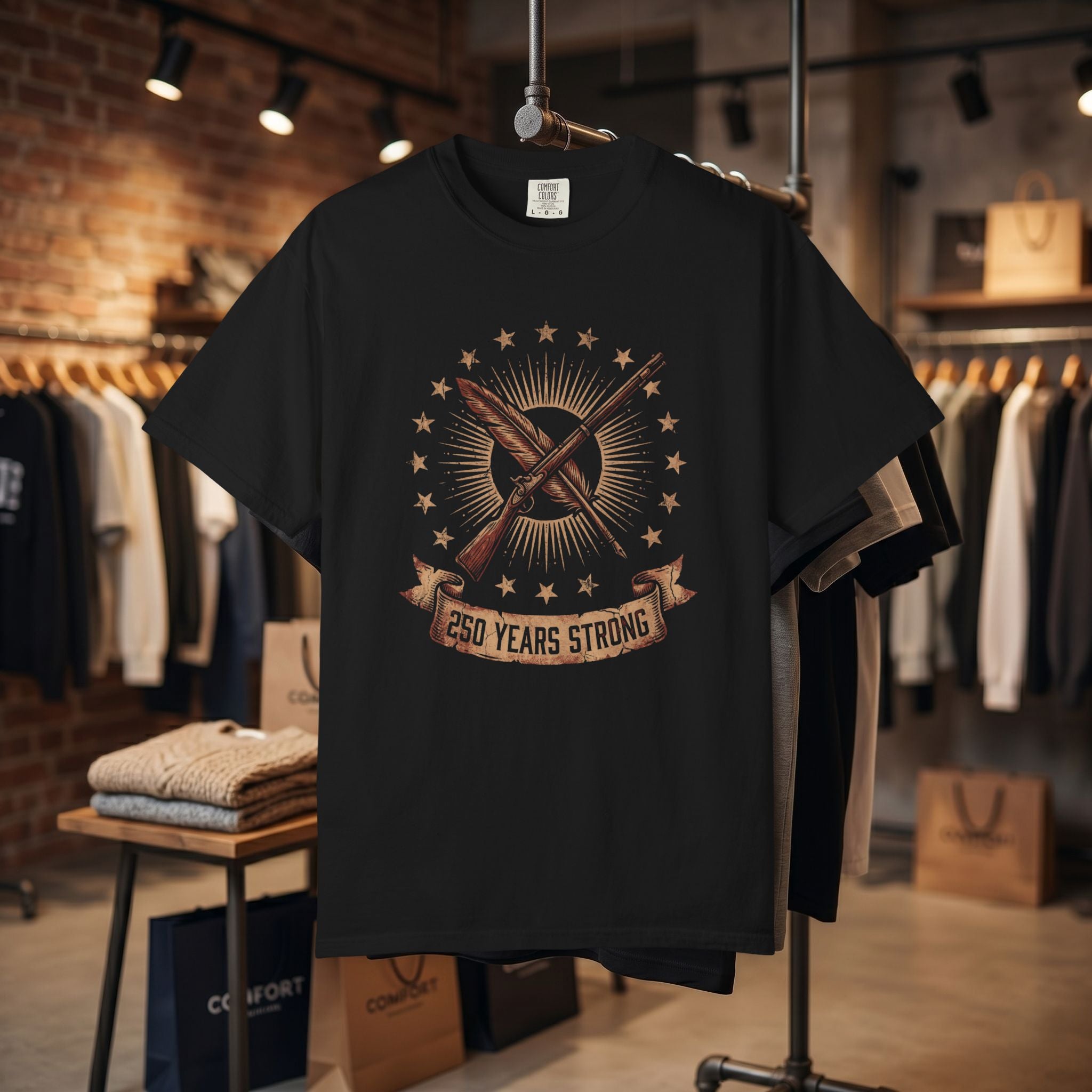 250 Years Strong flag rifle crest T-shirt | patriotic American heritage