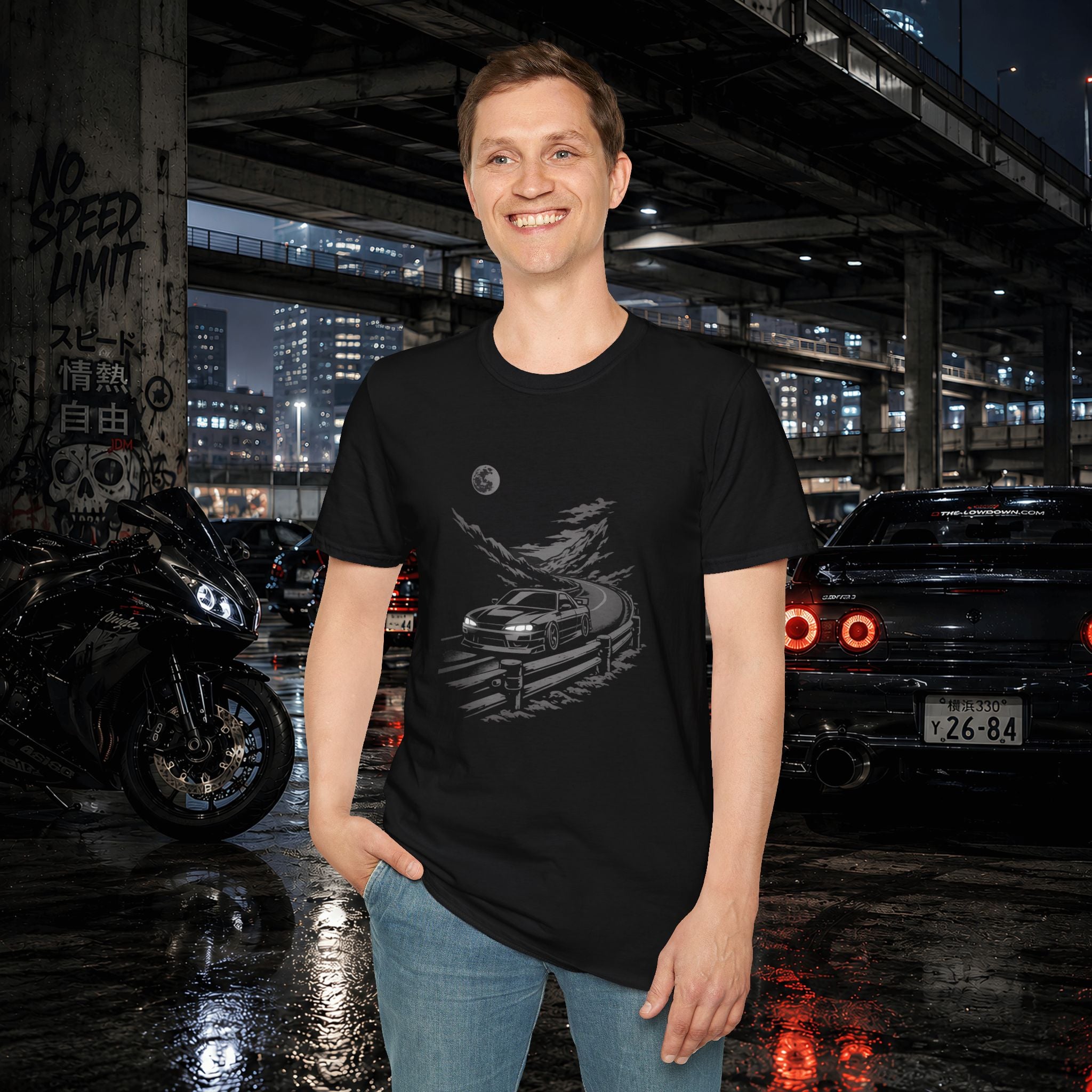 Retro Night Drive JDM car graphic T-Shirt | moonlit road illustration