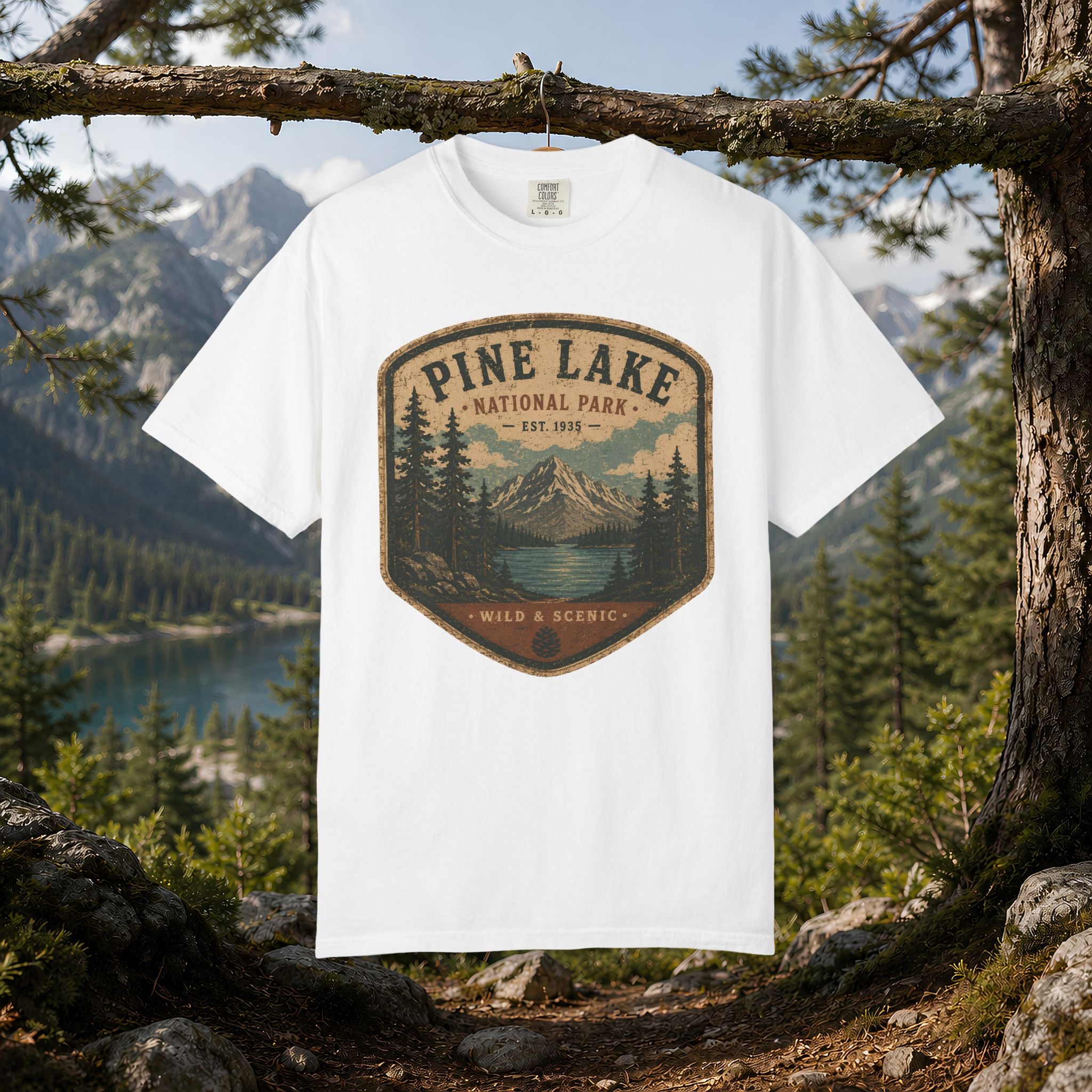 Pine Lake National Park Badge T-Shirt | Mountain Lake Forest Graphic