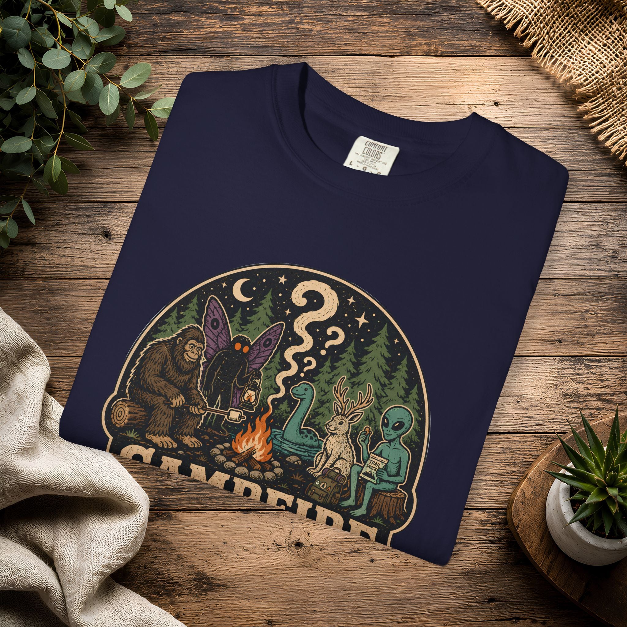 Campfire Cryptid Roll Call T-Shirt — Vintage Camping Patch Graphic