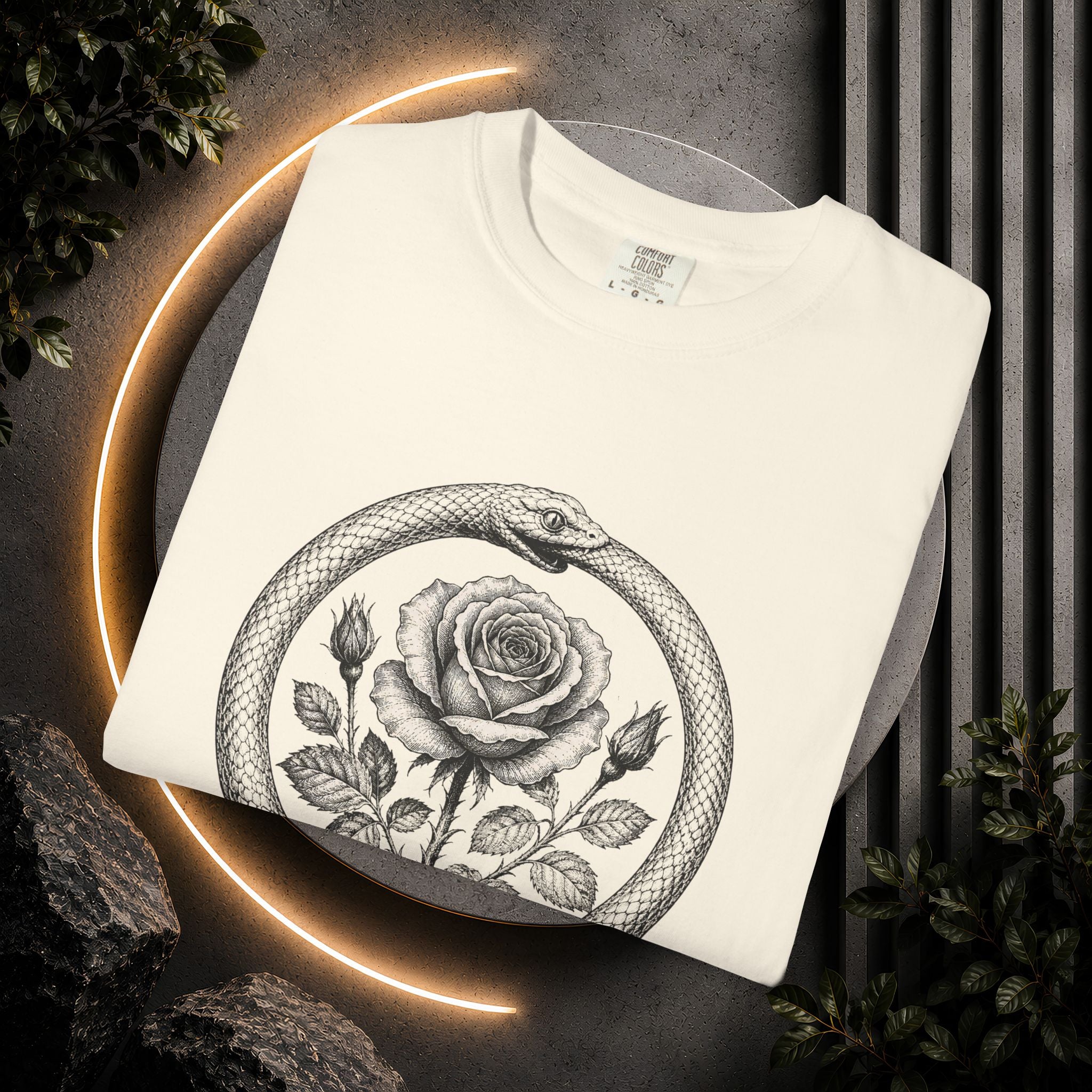 Rose in Ouroboros Snake Circle T-shirt | Botanical Vintage Line Art