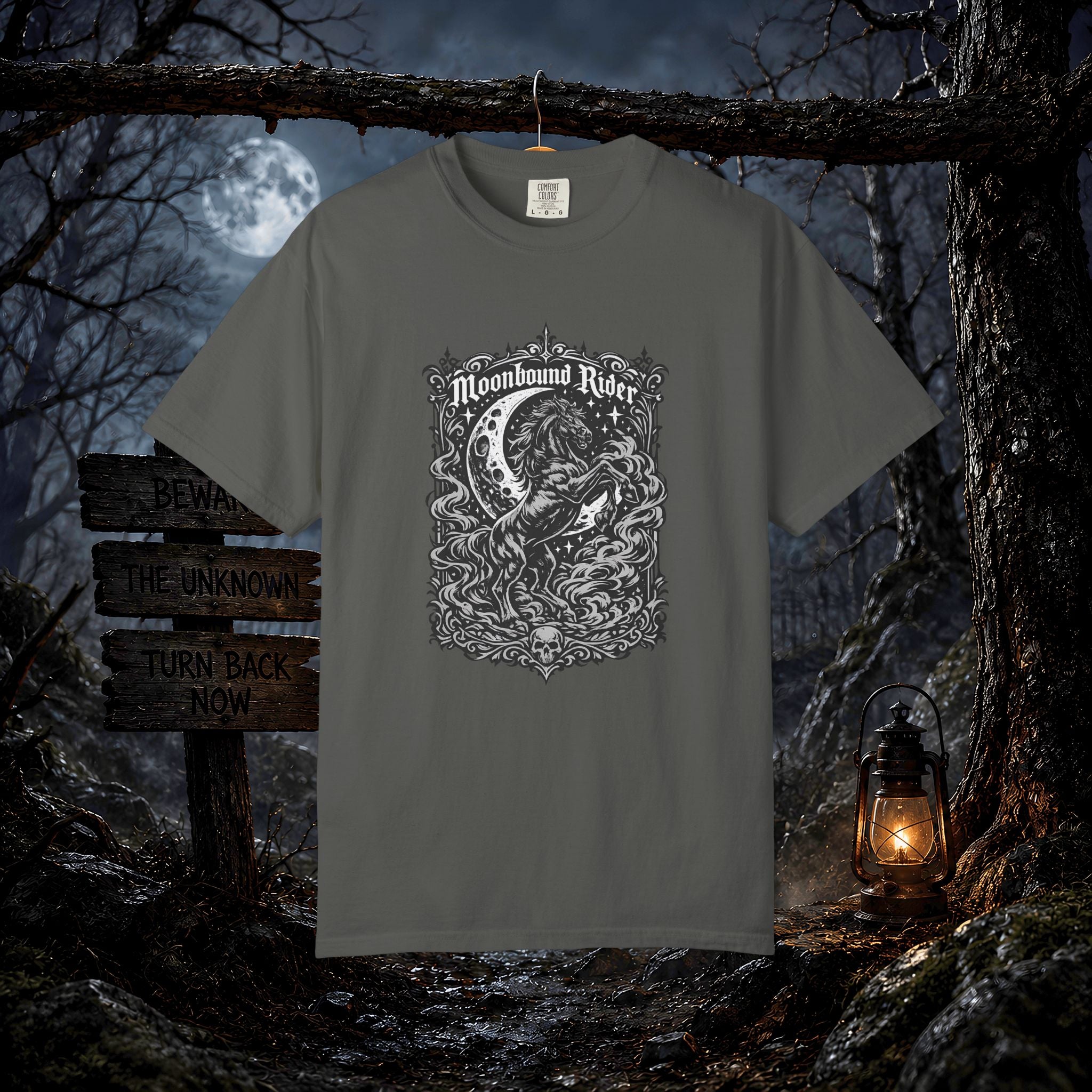 Moonbound Rider T‑Shirt — Gothic Horse Moon Design