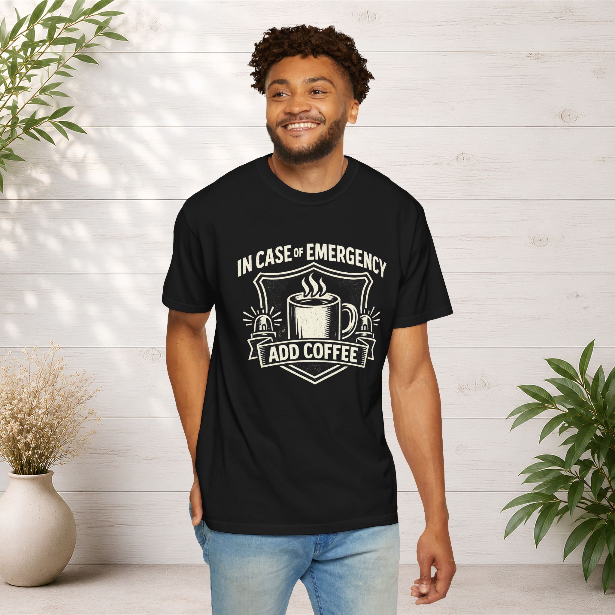 Coffee Emergency T-Shirt — "In Case of Emergency Add Coffee" Graphic Tee