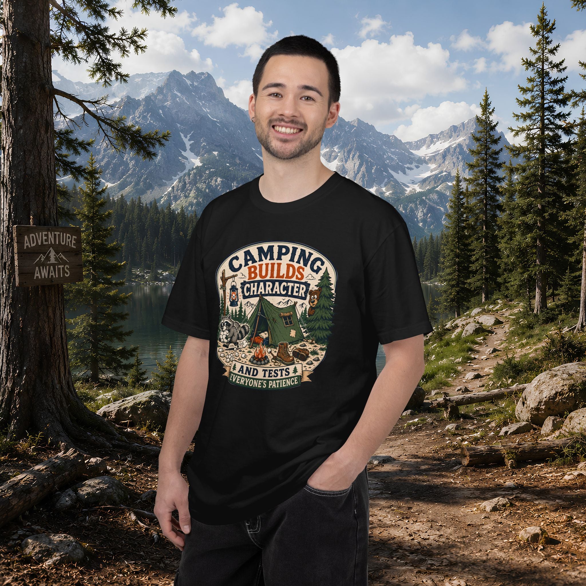 Camping Builds Character T-Shirt — Vintage Tent, Forest & Campfire Outdoor Tee