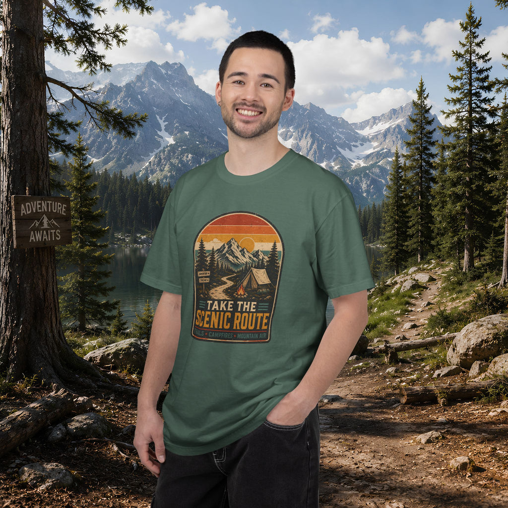 Scenic Route Camping T-Shirt — Retro Mountains & Tent Outdoor Tee