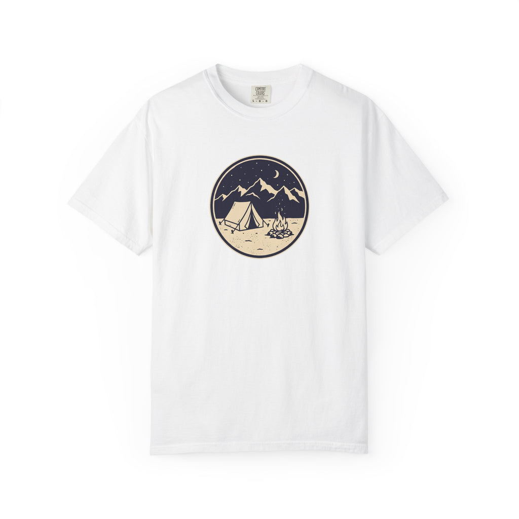 Mountain Camping Circle Art T-shirt | Tent Campfire Outdoors Tee