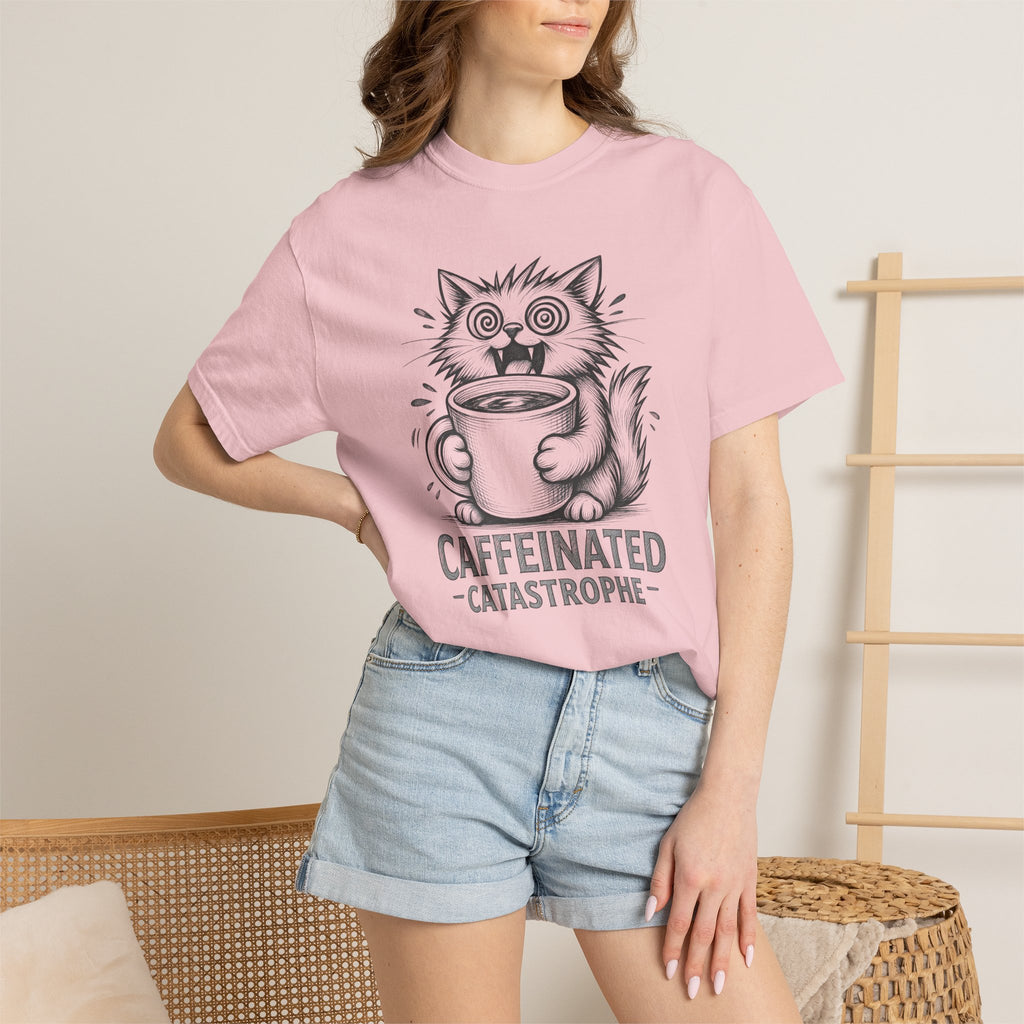 Caffeinated Cat T-Shirt — "Caffeinated Catastrophe" Coffee Lover Tee
