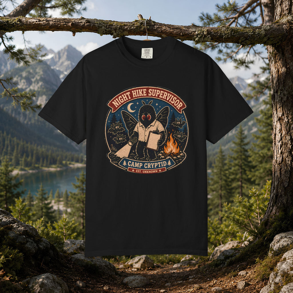Night Hike Supervisor Mothman T‑Shirt — Camp Cryptid Retro Outdoor Badge
