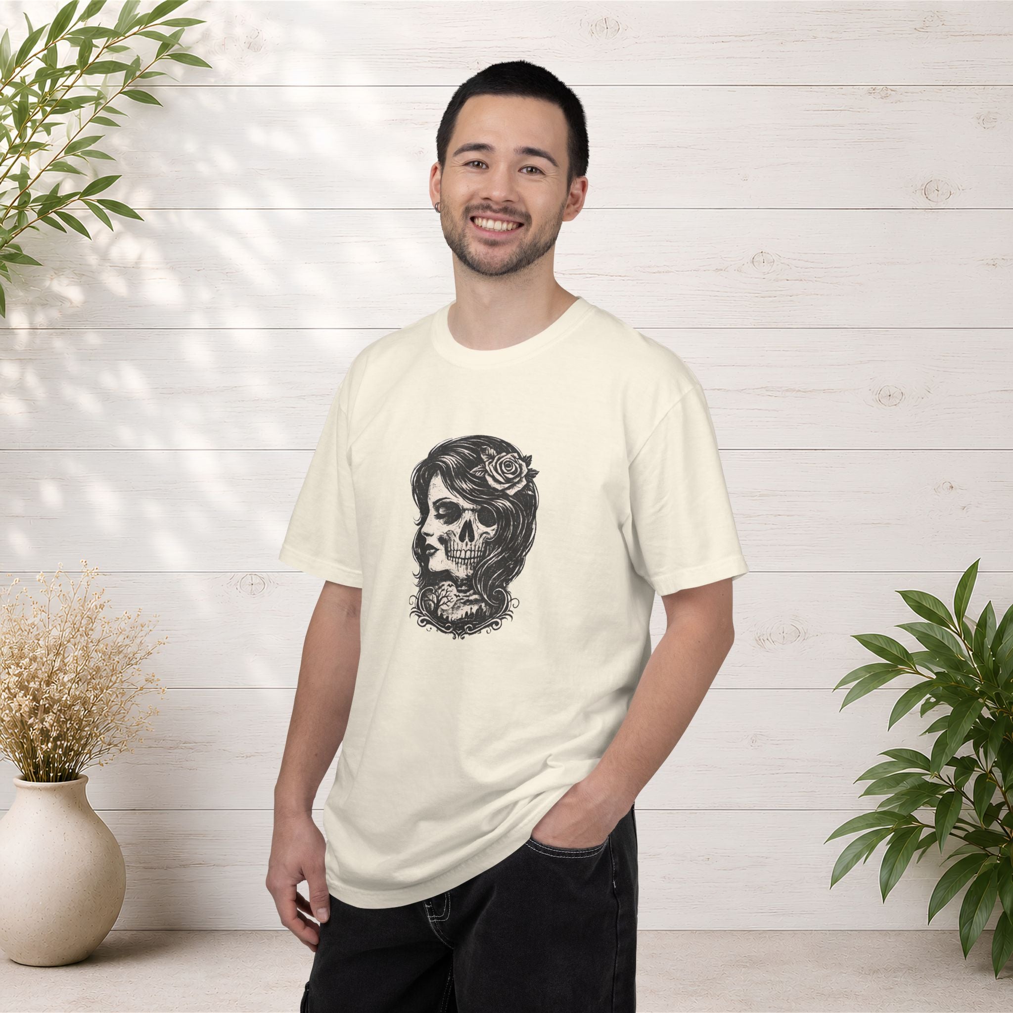 Skull Lady Rose T-Shirt — Vintage Day of the Dead Portrait Tee