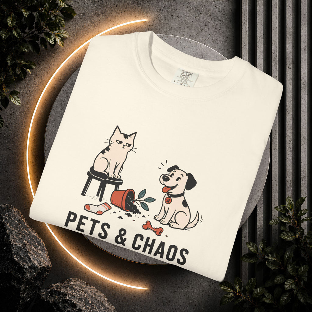 Pets & Chaos Graphic T-Shirt — Funny Cat and Dog Design