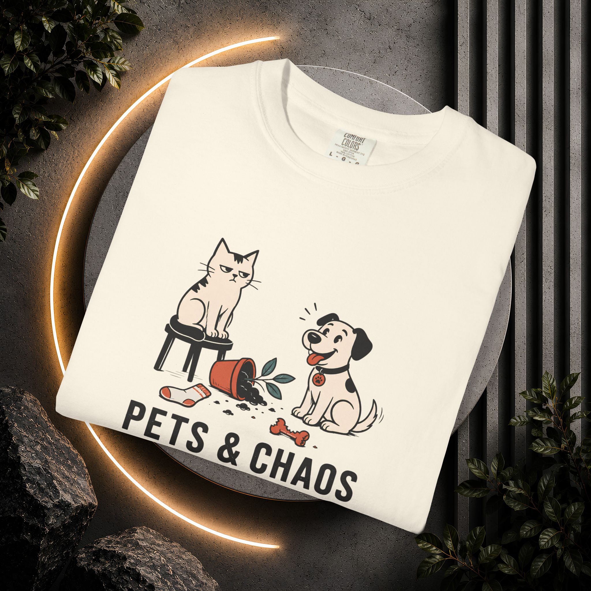 Pets & Chaos Graphic T-Shirt — Funny Cat and Dog Design