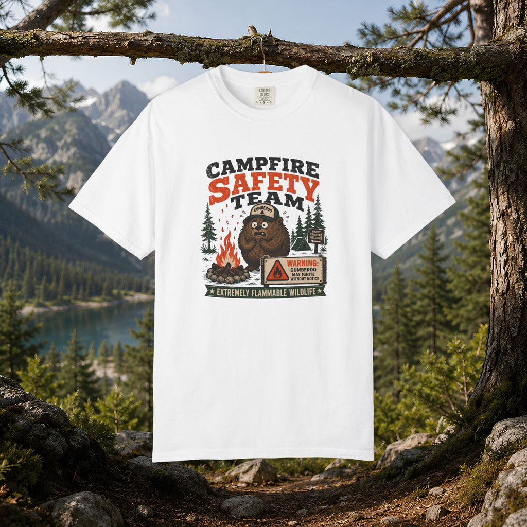 Gumberoo Campfire Safety Tee — Bear Cryptid Patch Graphic