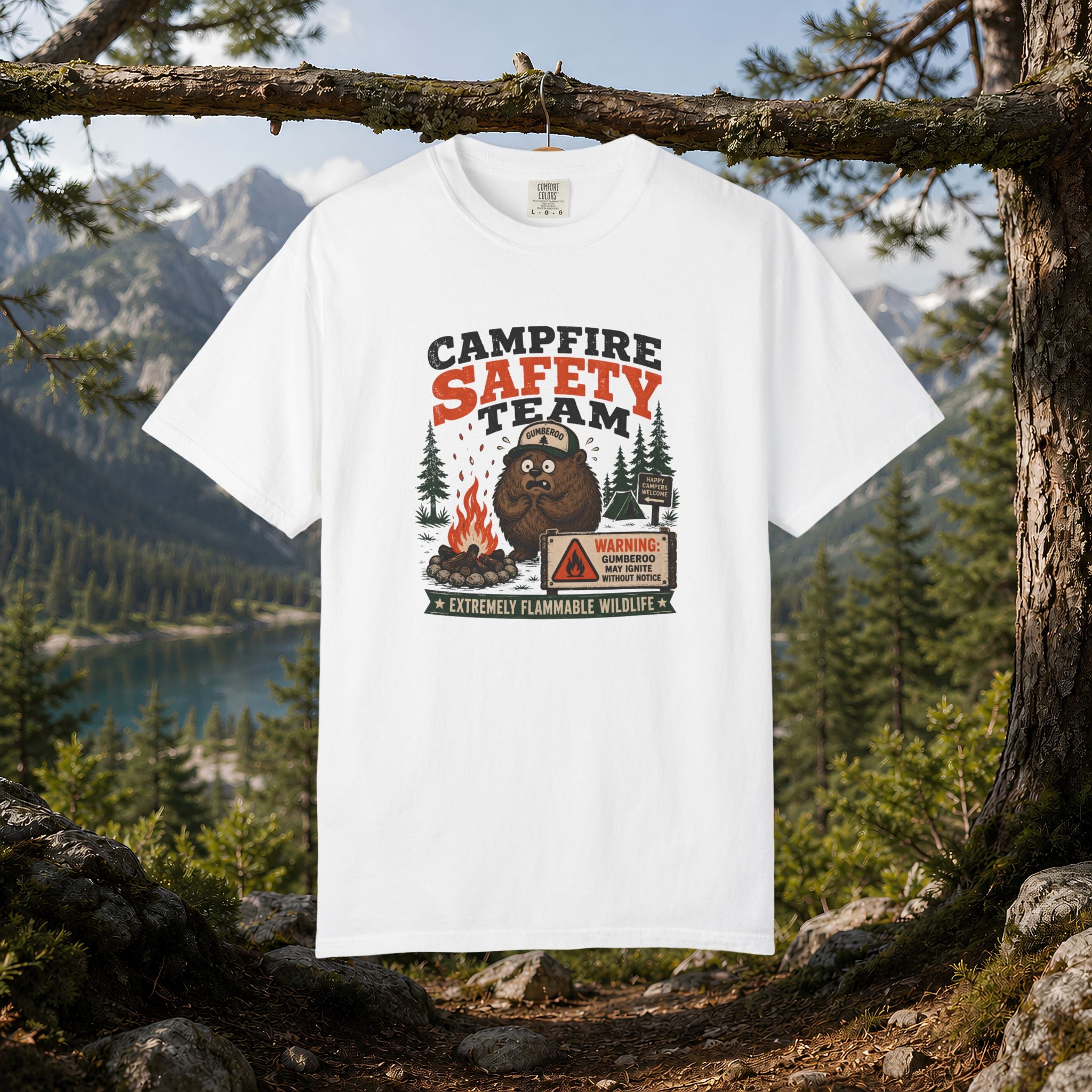 Gumberoo Campfire Safety Tee — Bear Cryptid Patch Graphic
