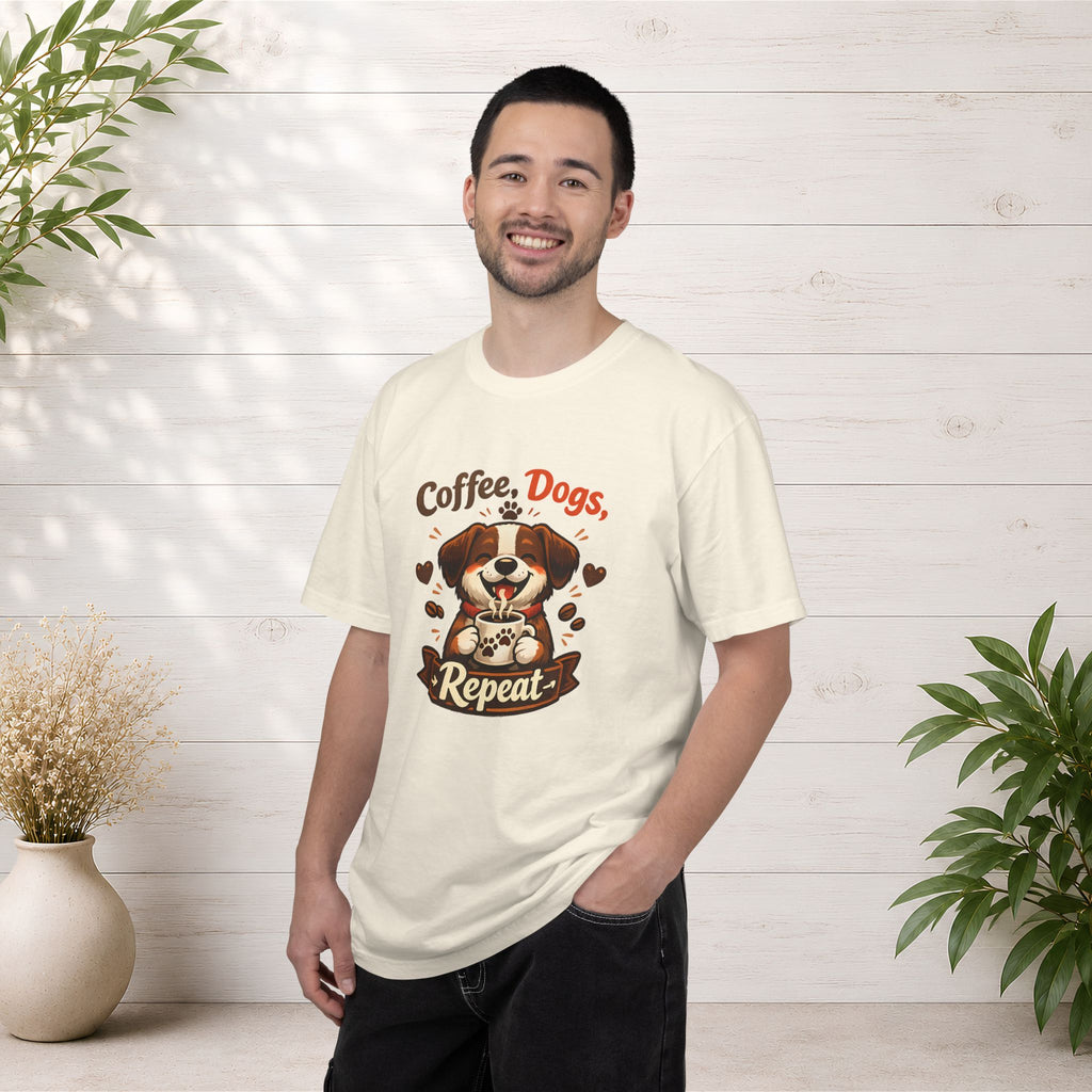 "Coffee, Dogs, Repeat" Cute Dog & Coffee Graphic T-Shirt