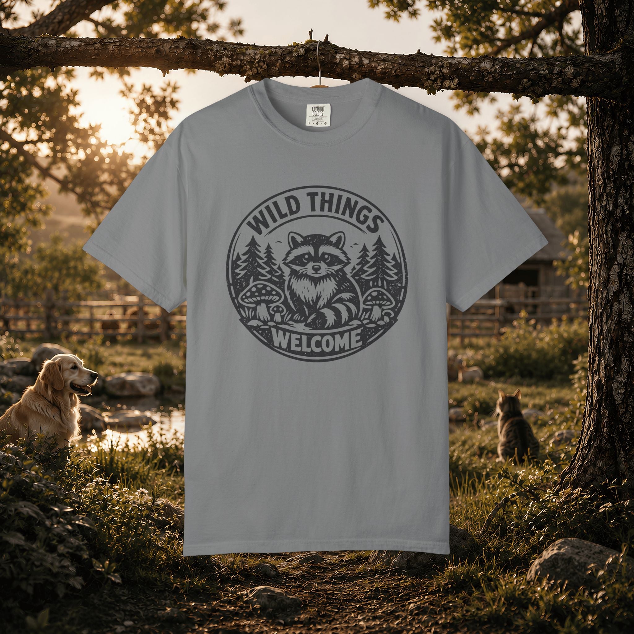 “Wild Things Welcome” Raccoon Forest Graphic T-Shirt