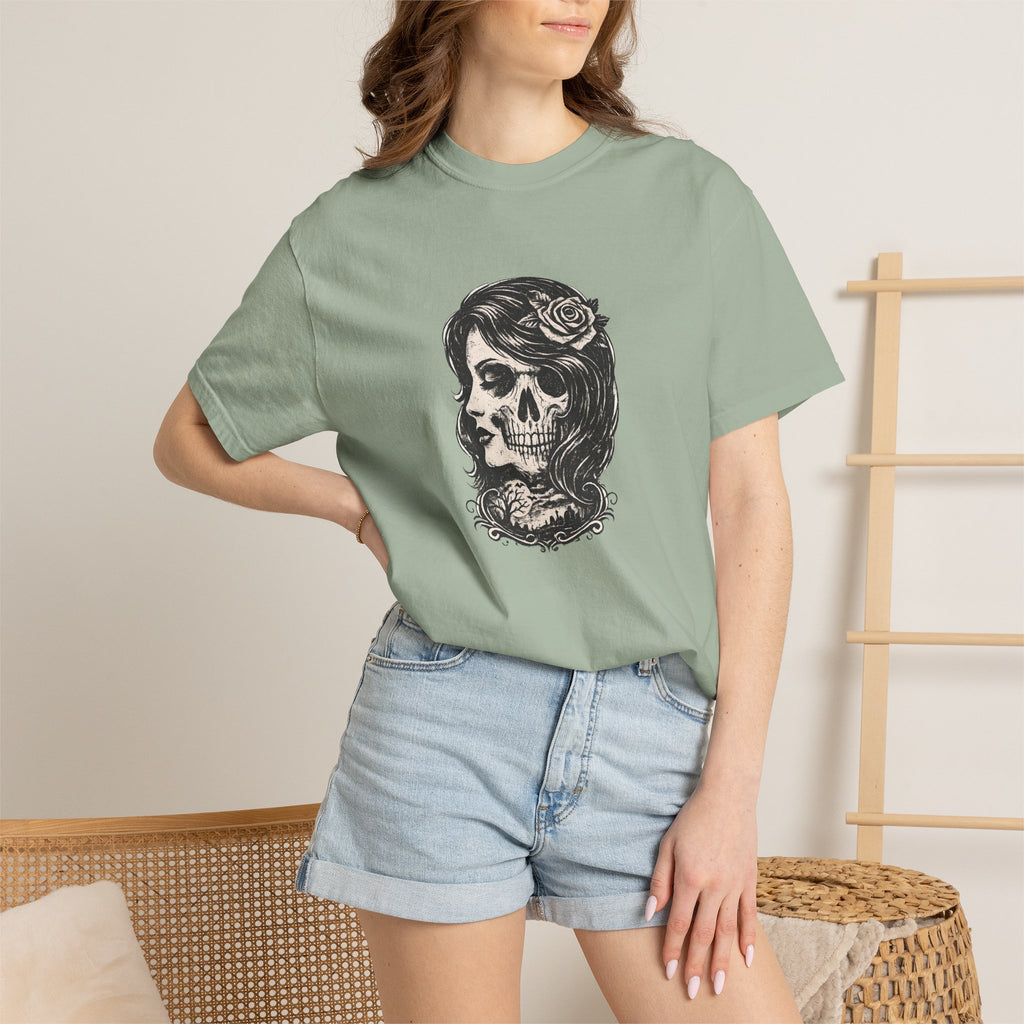 Skull Lady Rose T-Shirt — Vintage Day of the Dead Portrait Tee