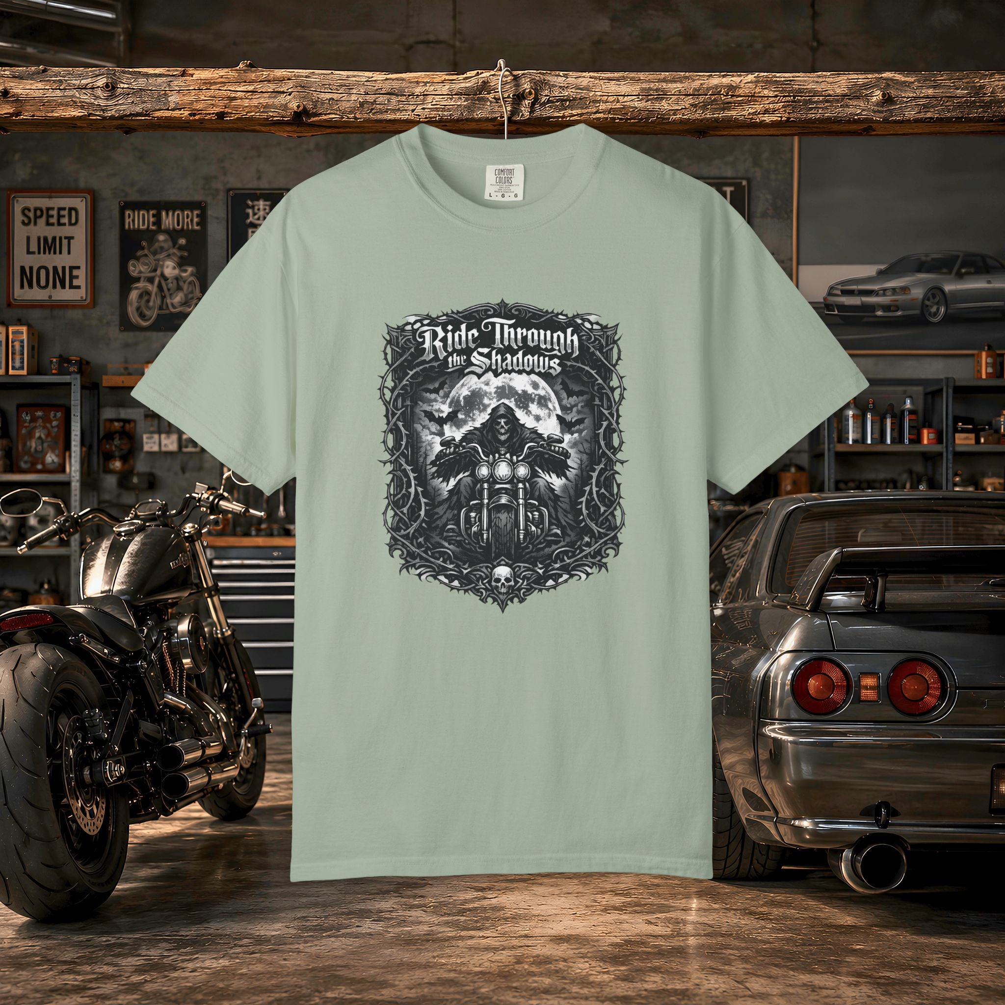 Ride Through Shadows T-Shirt — Gothic Skull Motorcycle Graphic Tee
