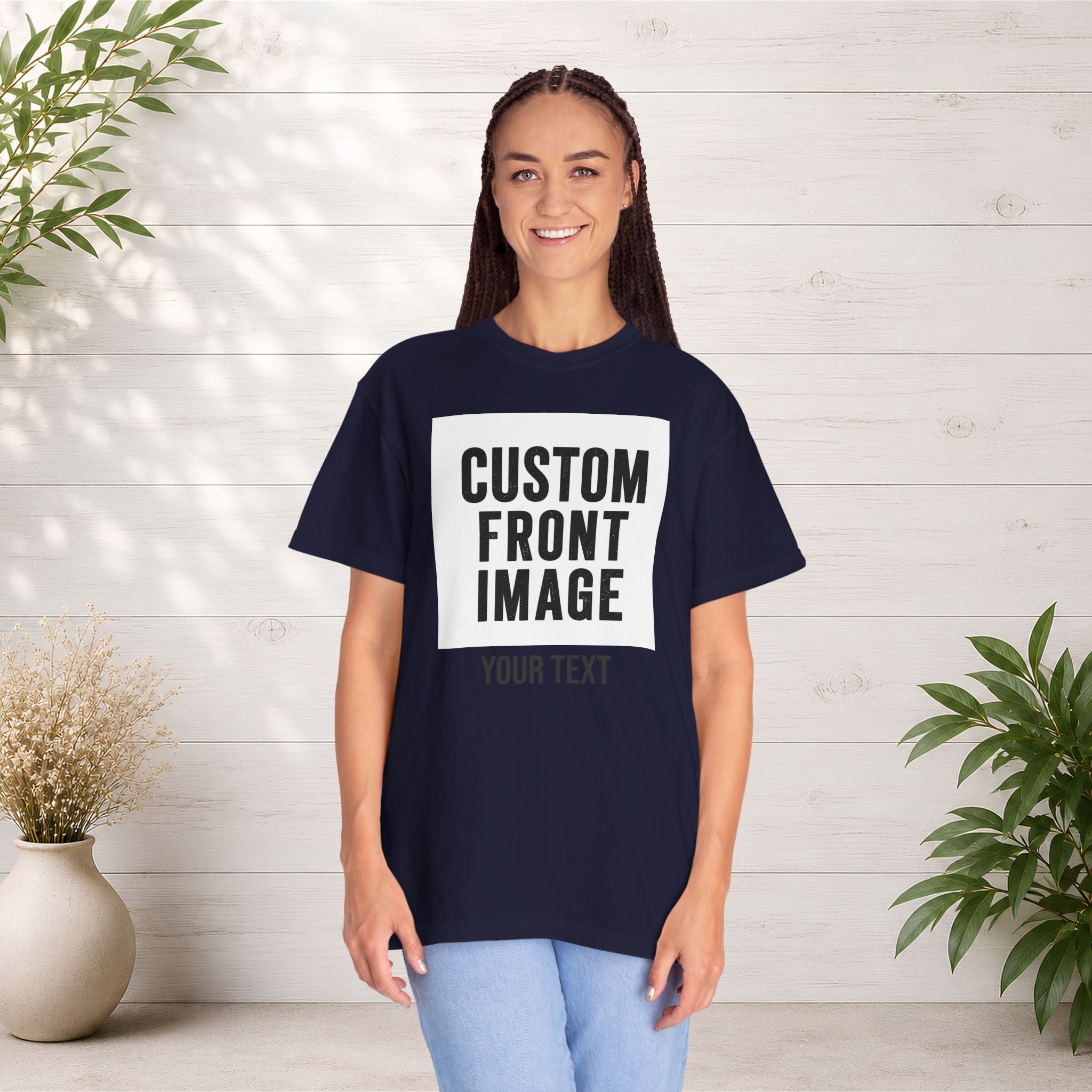 Custom Front Square Print T-Shirt — Personalized Text Bottom & Image Tee