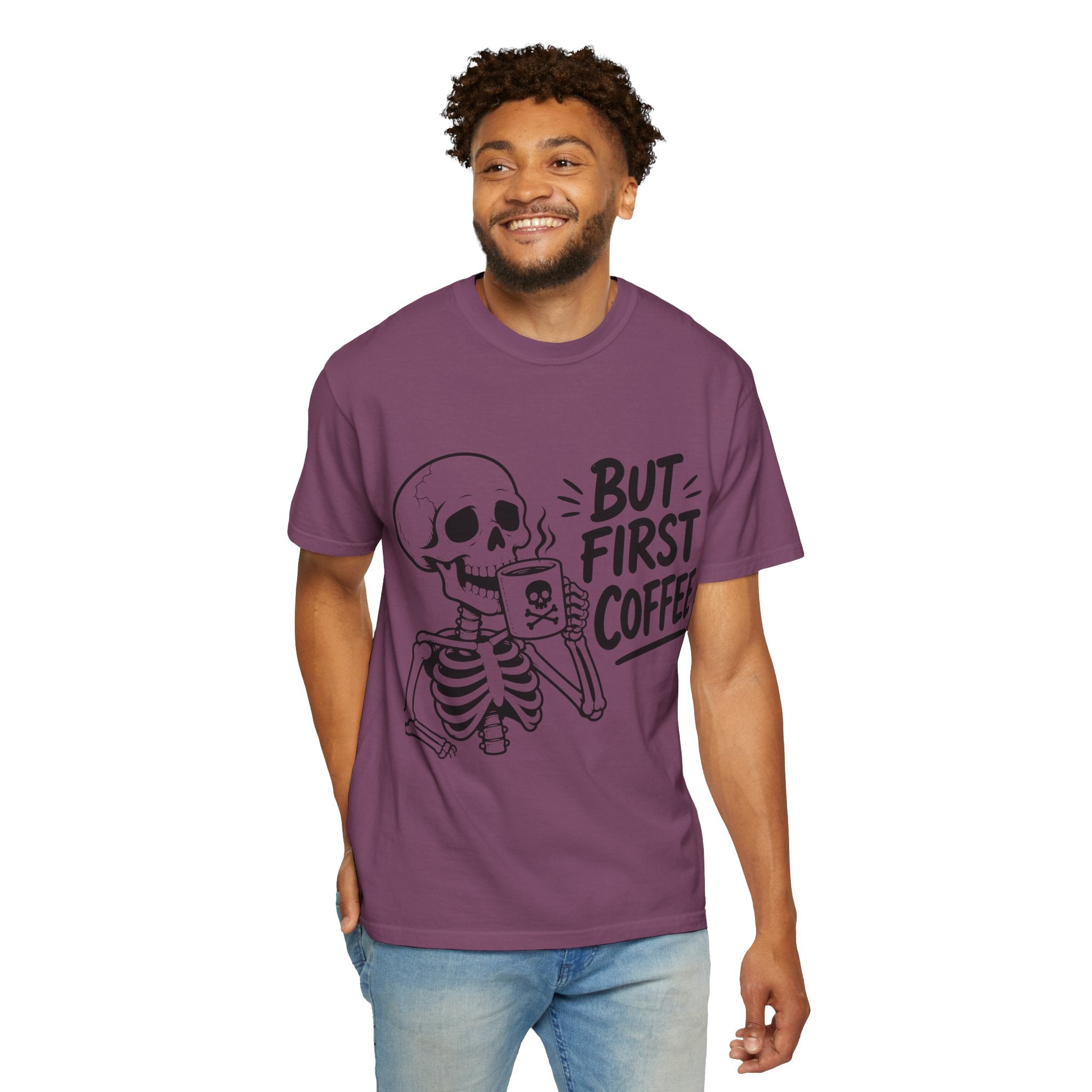 Skeleton Holding Coffee But First Coffee T-Shirt | Coffee Lover Tee
