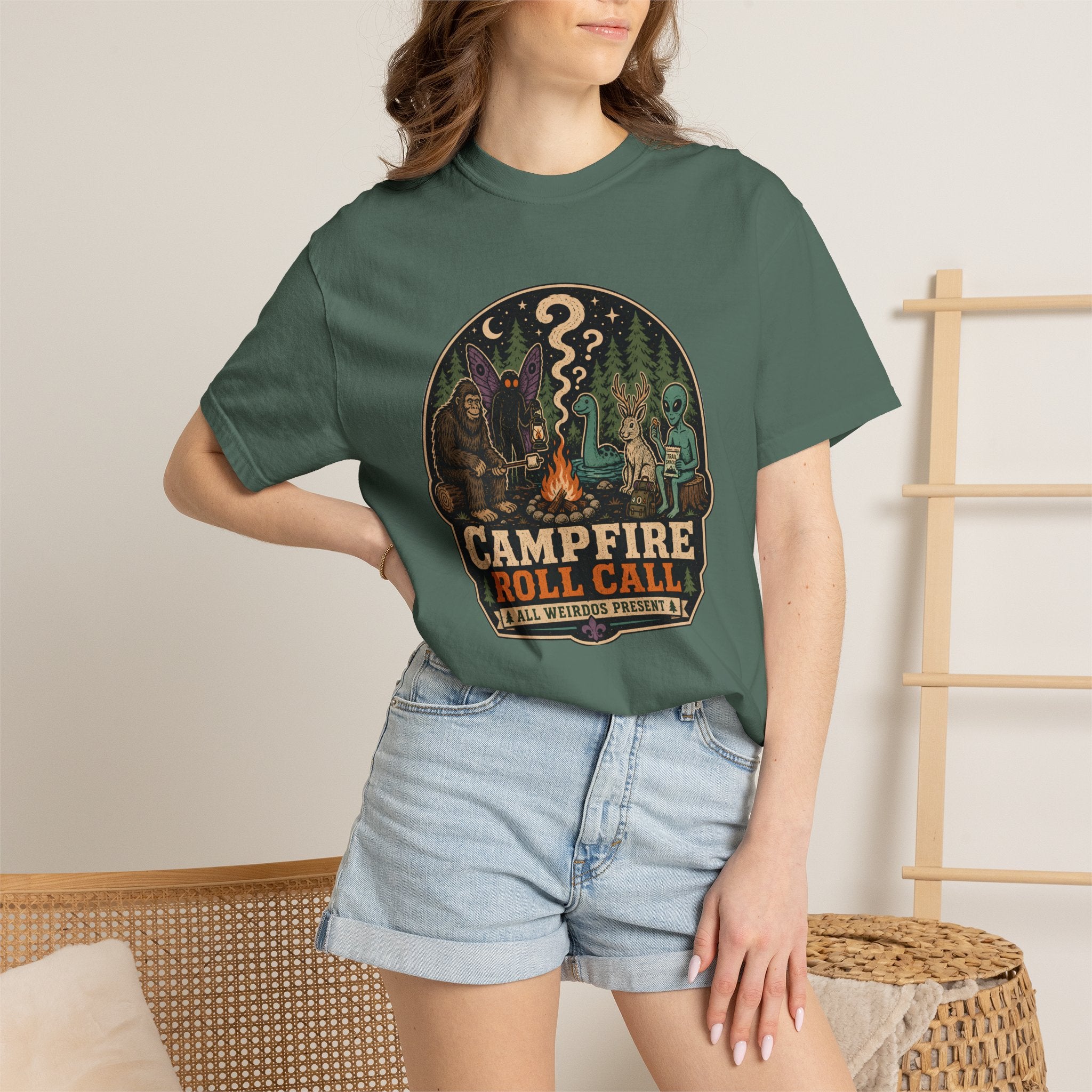 Campfire Cryptid Roll Call T-Shirt — Vintage Camping Patch Graphic
