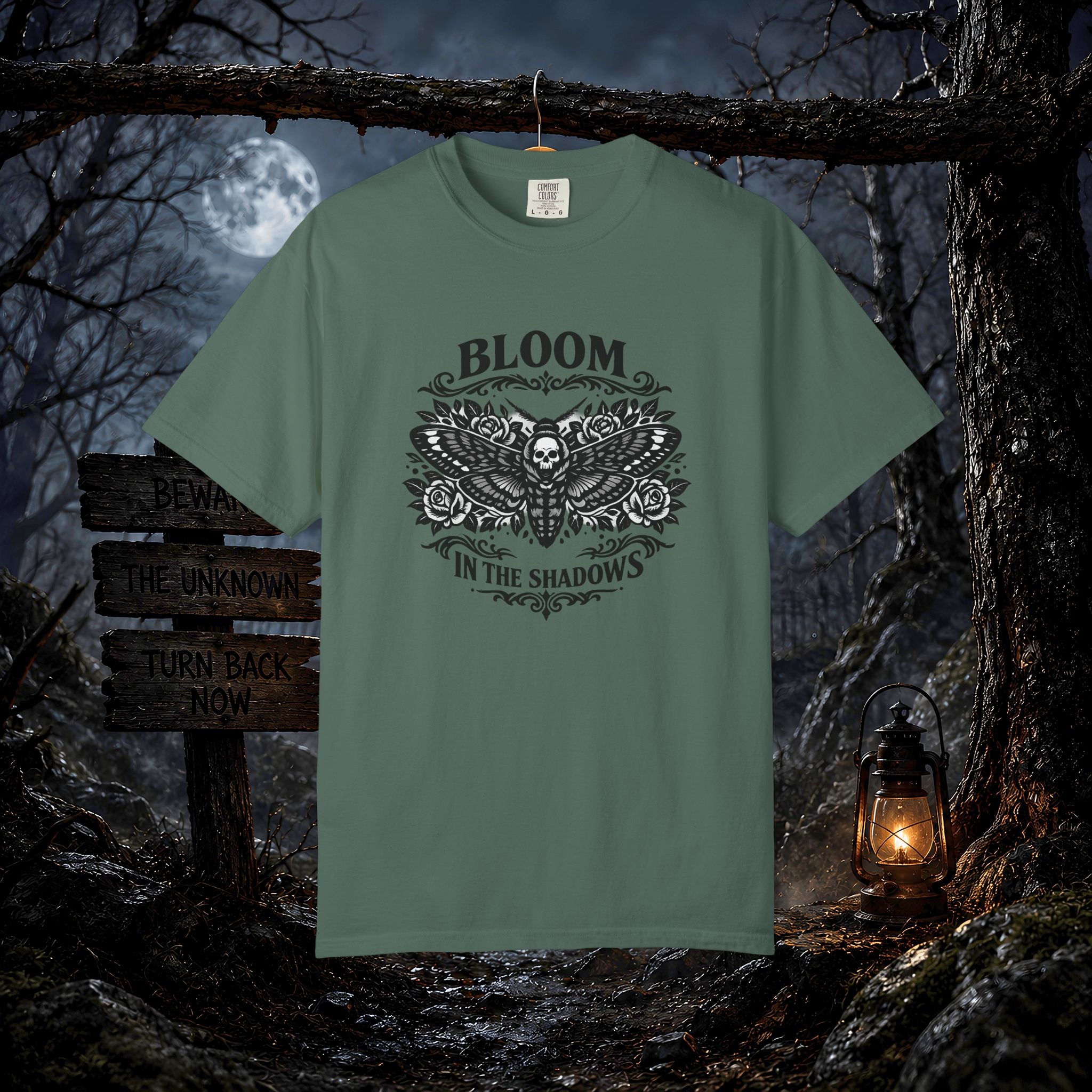 Bloom in the Shadows T-Shirt — Gothic Floral Skull Tee