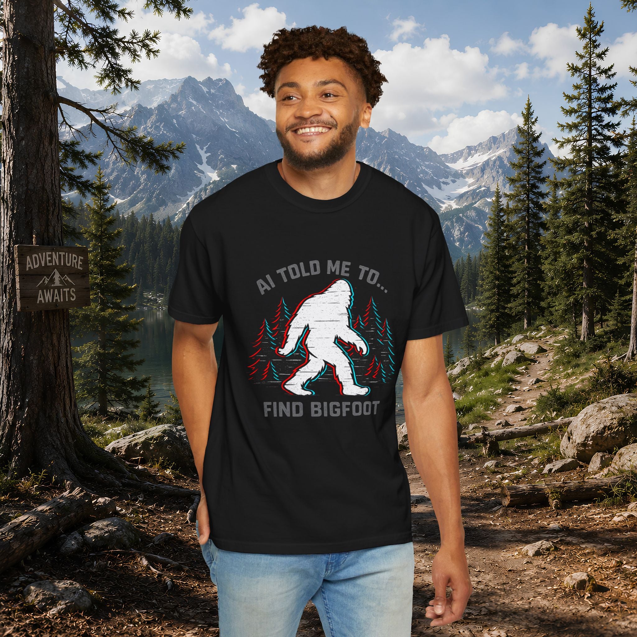 AI Told Me to Find Bigfoot T-Shirt | Bigfoot Sasquatch Forest Graphic