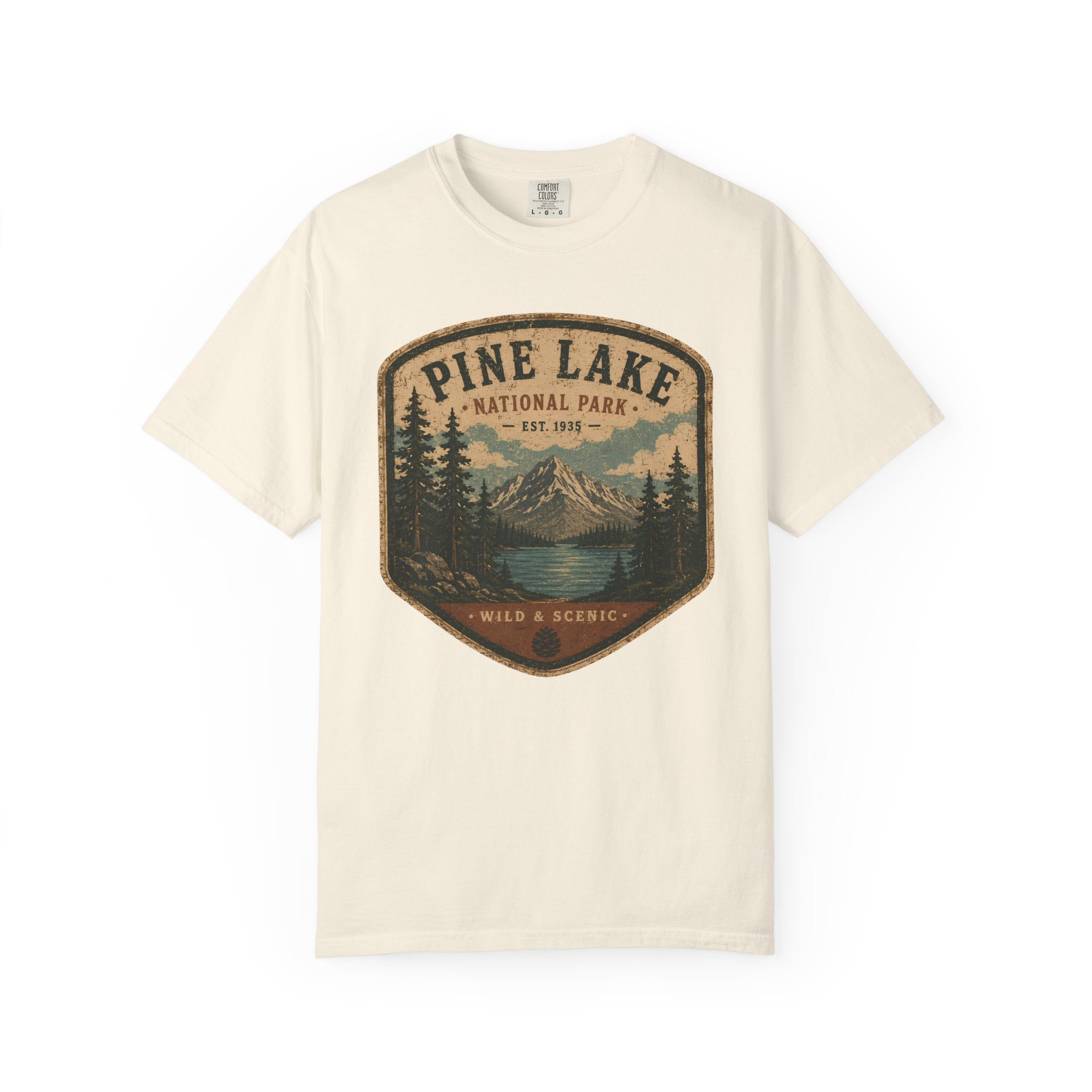 Pine Lake National Park Badge T-Shirt | Mountain Lake Forest Graphic