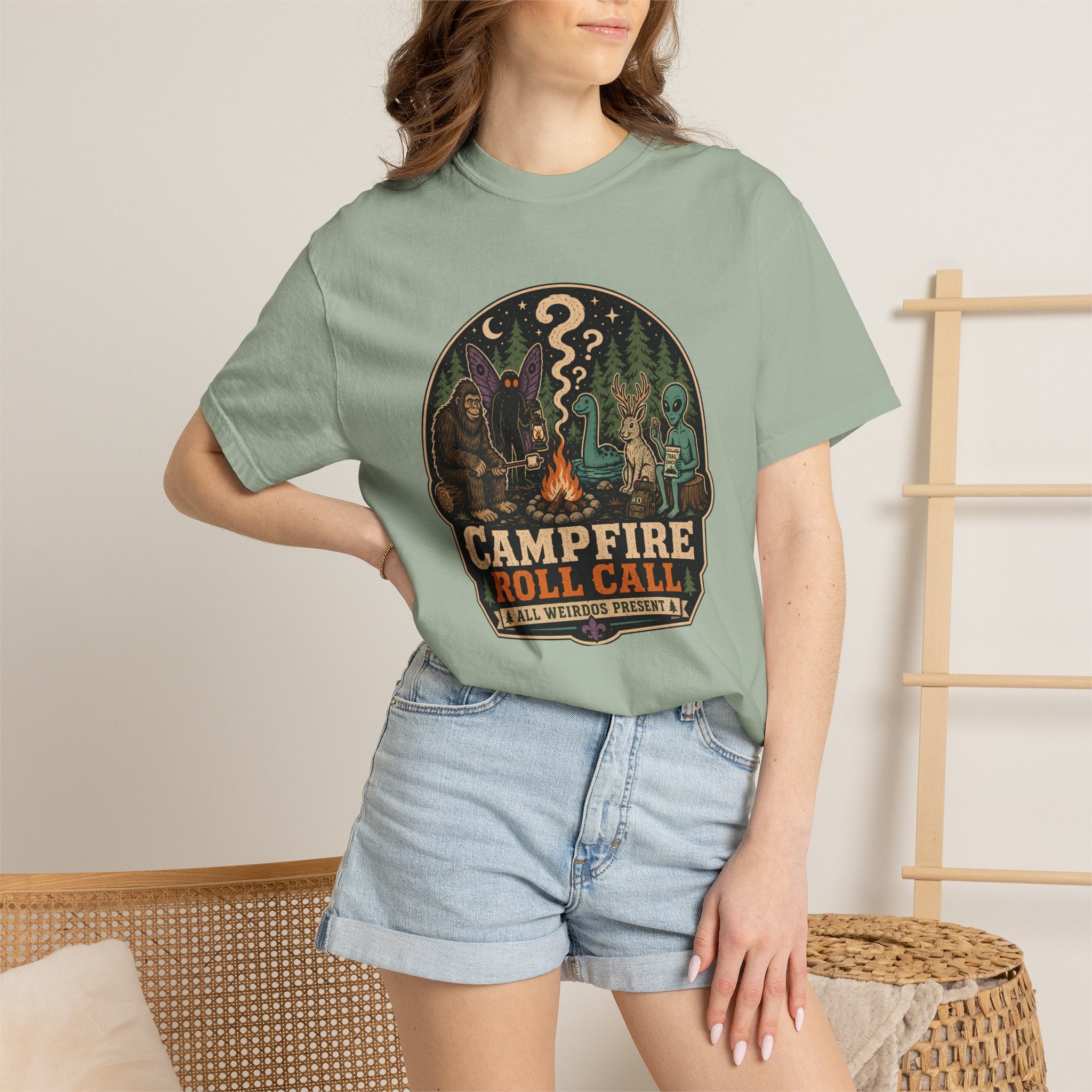 Campfire Cryptid Roll Call T-Shirt — Vintage Camping Patch Graphic