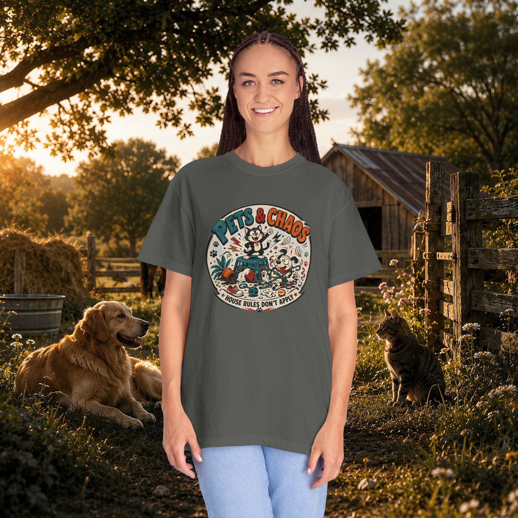 Pets & Chaos Graphic T-Shirt — "House Rules Don't Apply" Vintage Pet Lover Tee