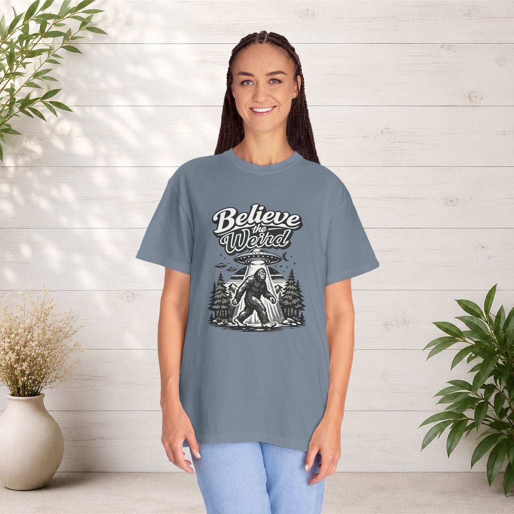 Believe the Weird T-Shirt — Bigfoot Forest UFO Graphic Tee