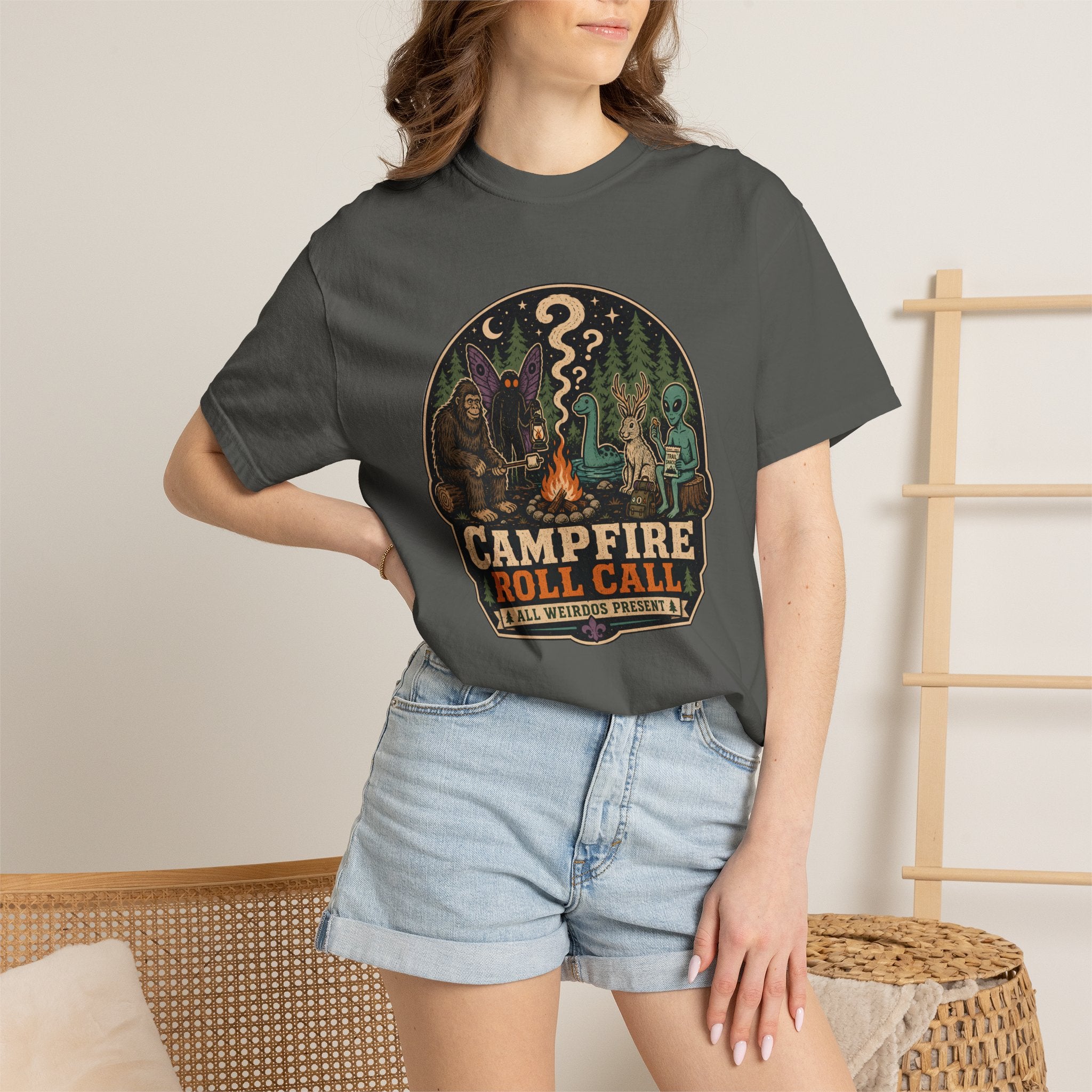 Campfire Cryptid Roll Call T-Shirt — Vintage Camping Patch Graphic