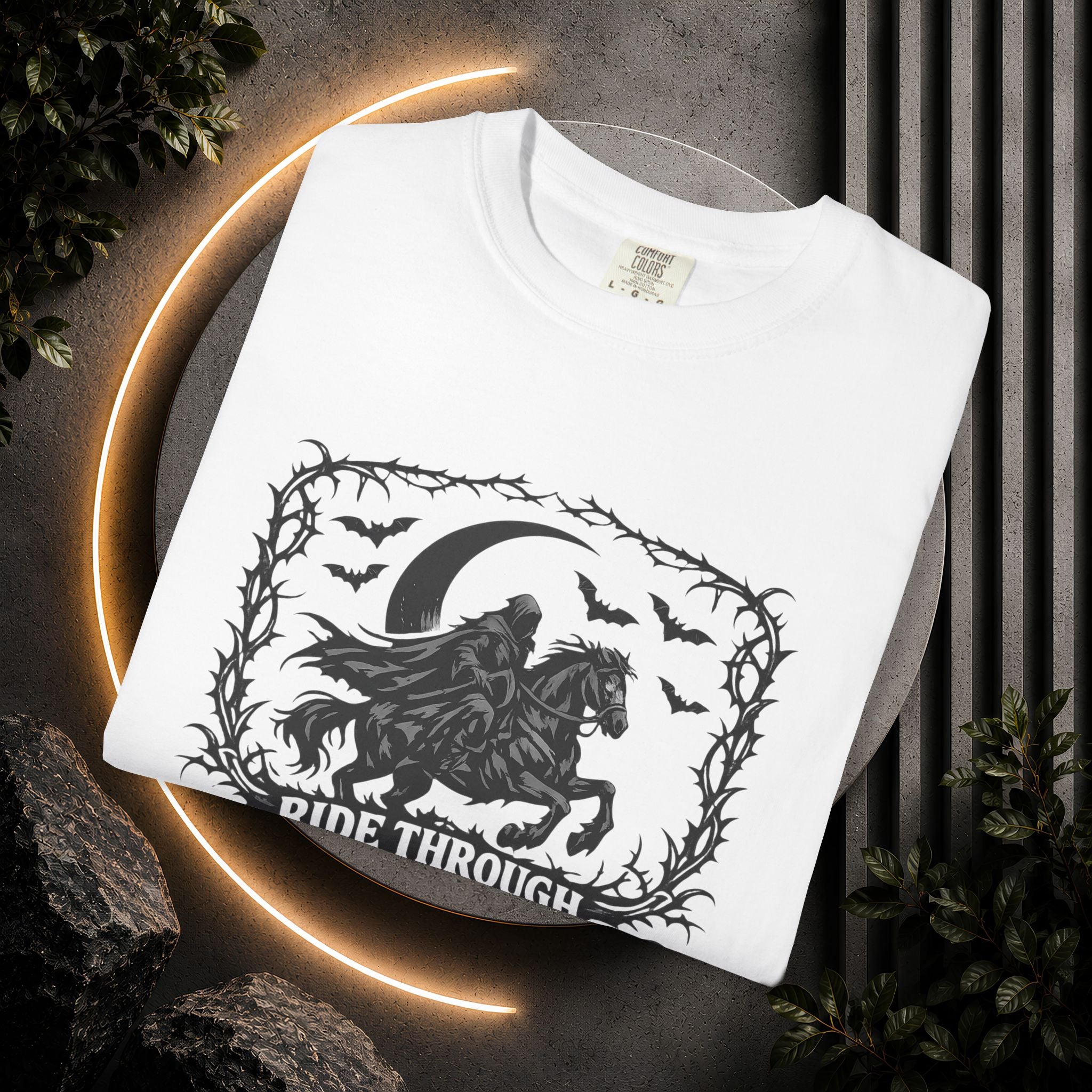 Ride Through Shadows T-Shirt — Gothic Raven Horse Moon Design