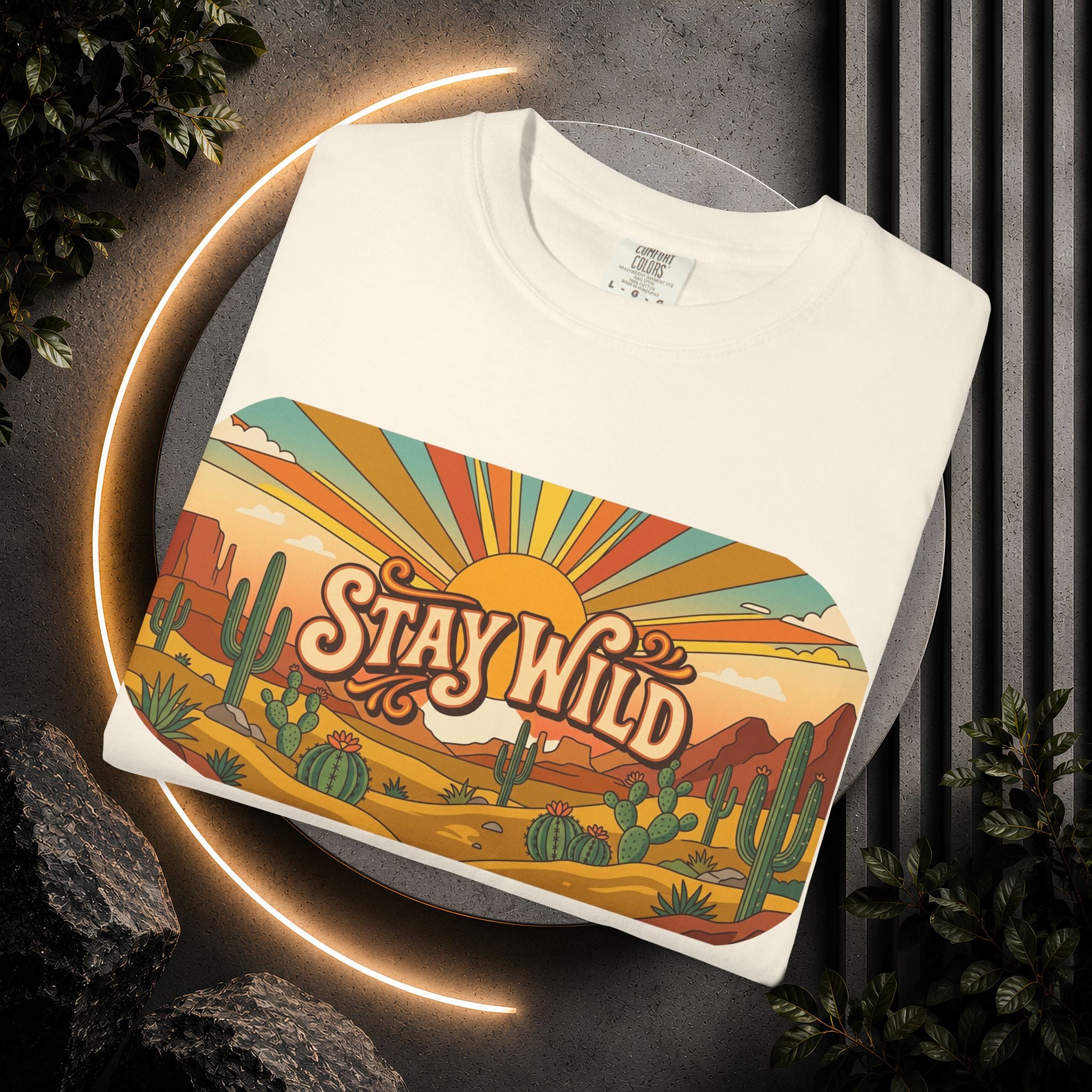 Stay Wild Desert Sunset T-shirt | Retro Cactus Landscape