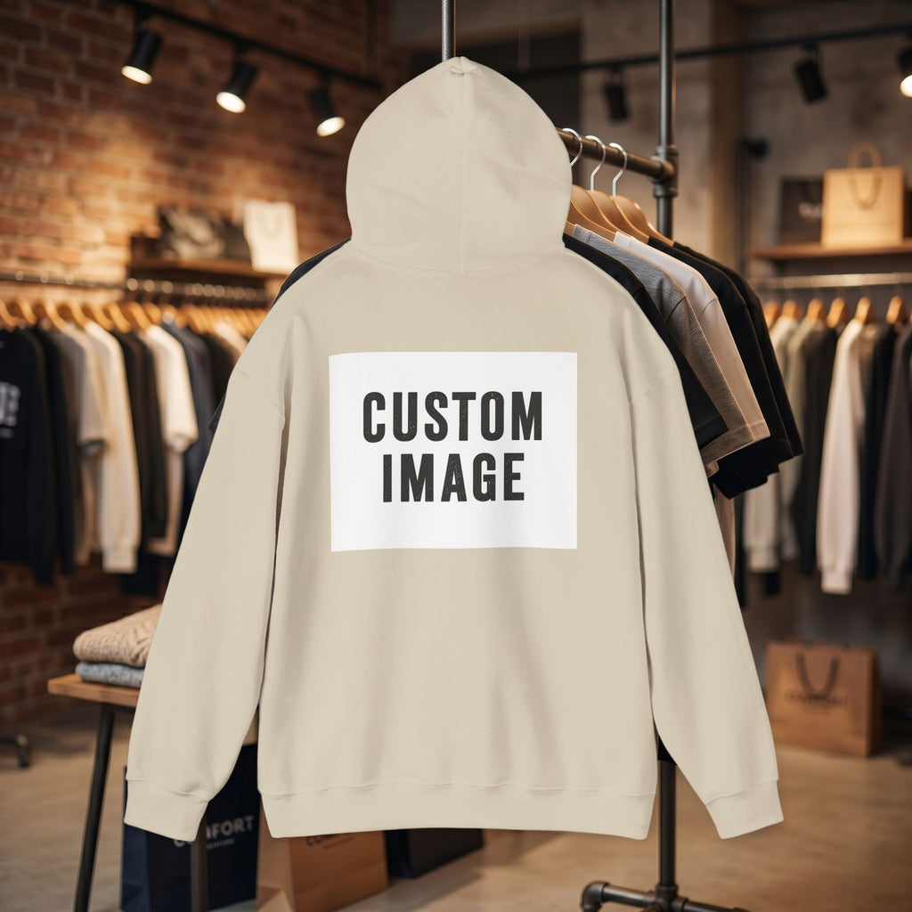 Custom Front Small Left and Back Image Hoodie — Personalized White Pullover Hooded Sweatshirt
