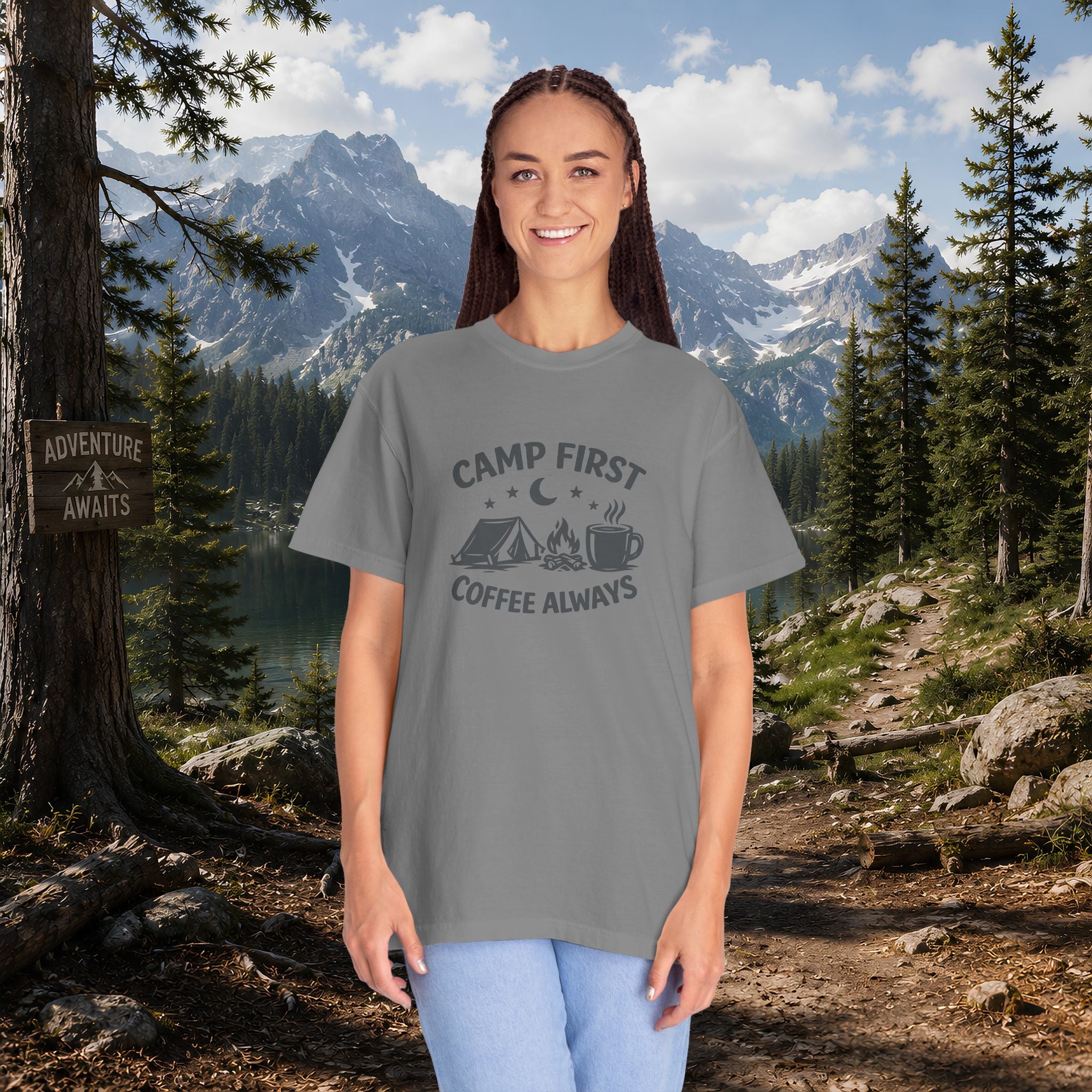 Camping T-Shirt — “Camp First, Coffee Always” Adventure Tee